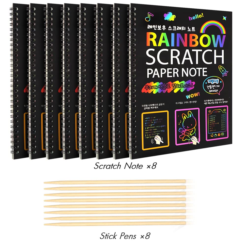8 Pack Rainbow Scratch Art Drawing Notebook for Kids - Large Scratch and Sketch Paper Set, DIY Art Supplies for Children's Creativity & Party Favors - Perfect for Birthday Gifts, Classroom Activities & Holiday Crafts