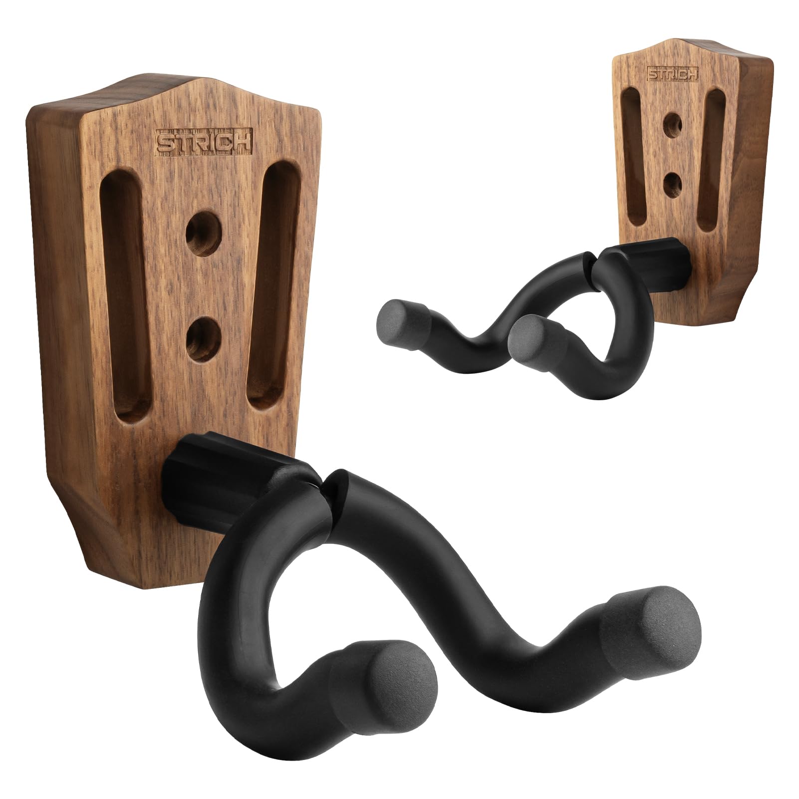 Premium STRICH Walnut Guitar Wall Hanger - 2-Pack U-Shaped Guitar Hook Mount with Screws for Acoustic, Electric, Bass & Banjo | Secure Wall Mount for Bedroom, Studio & Music Room Decor