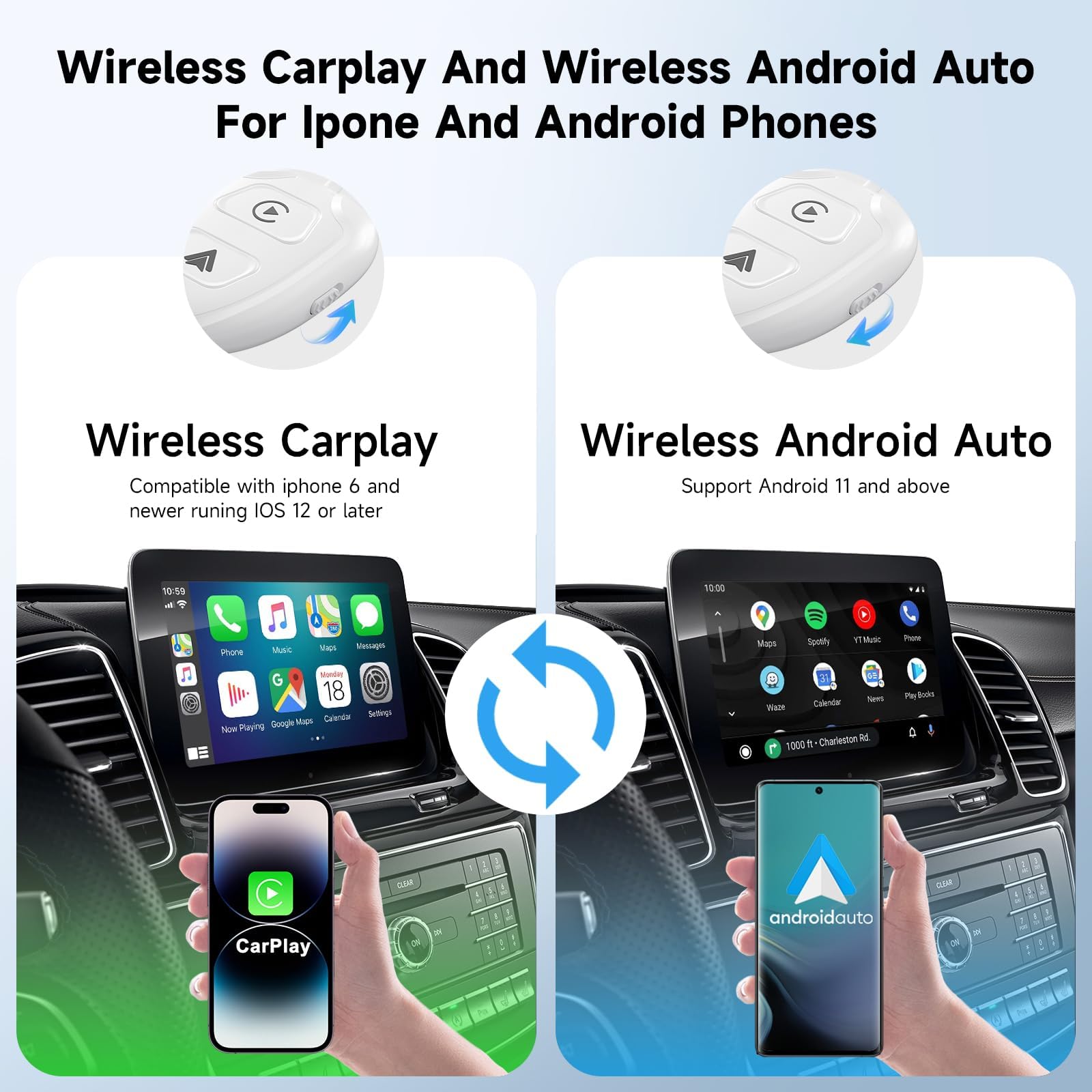 Wireless CarPlay Adapter for iPhone - USB CarPlay Dongle, 2-in-1 Wireless CarPlay & Android Auto Adapter, Converts Wired to Wireless for Cars (2017+ Models, iOS 10+) - Perfect for Commuting, Road Trips & Hands-Free Driving