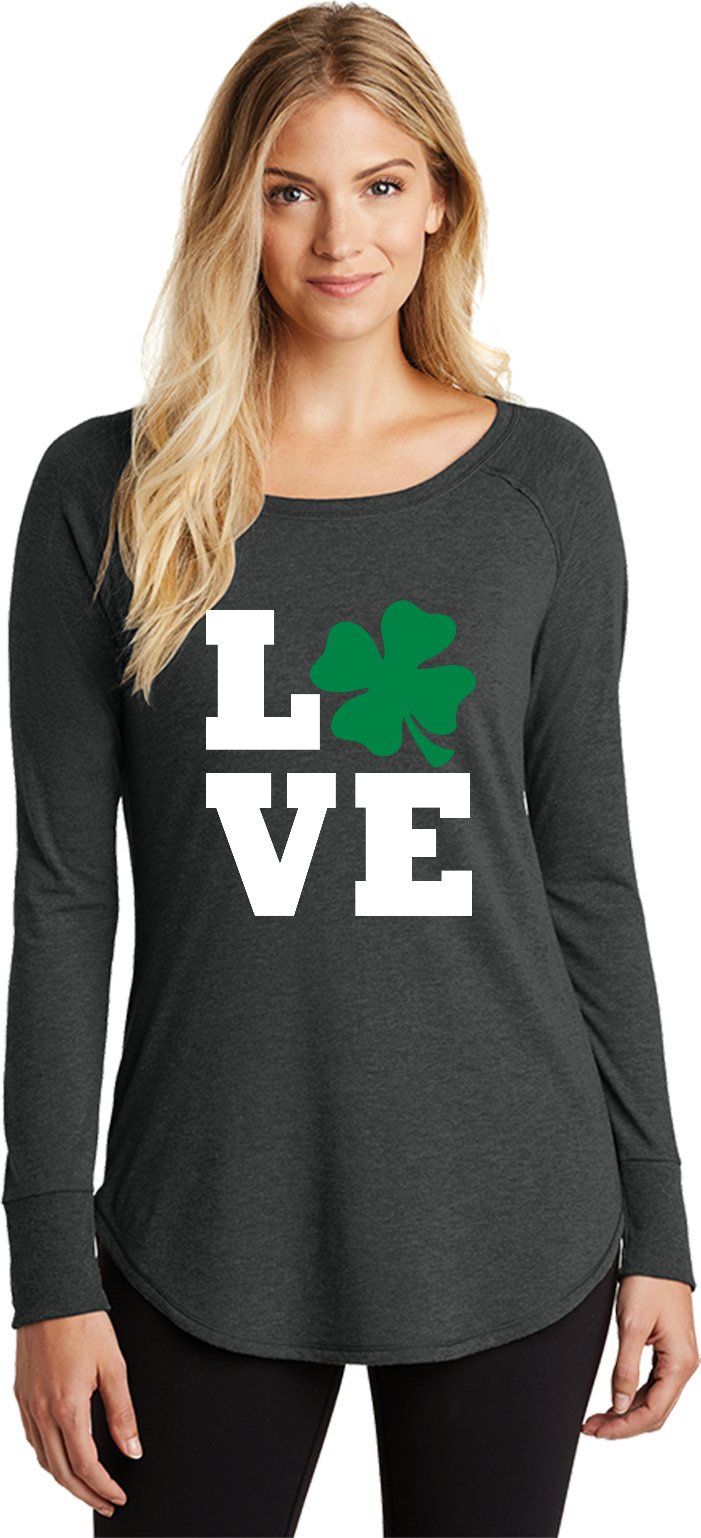 St. Patrick's Day Shamrock Love Tri-Blend Long Sleeve Shirt for Women - Perfect for Irish Festivals, Pub Crawls & Holiday Parties