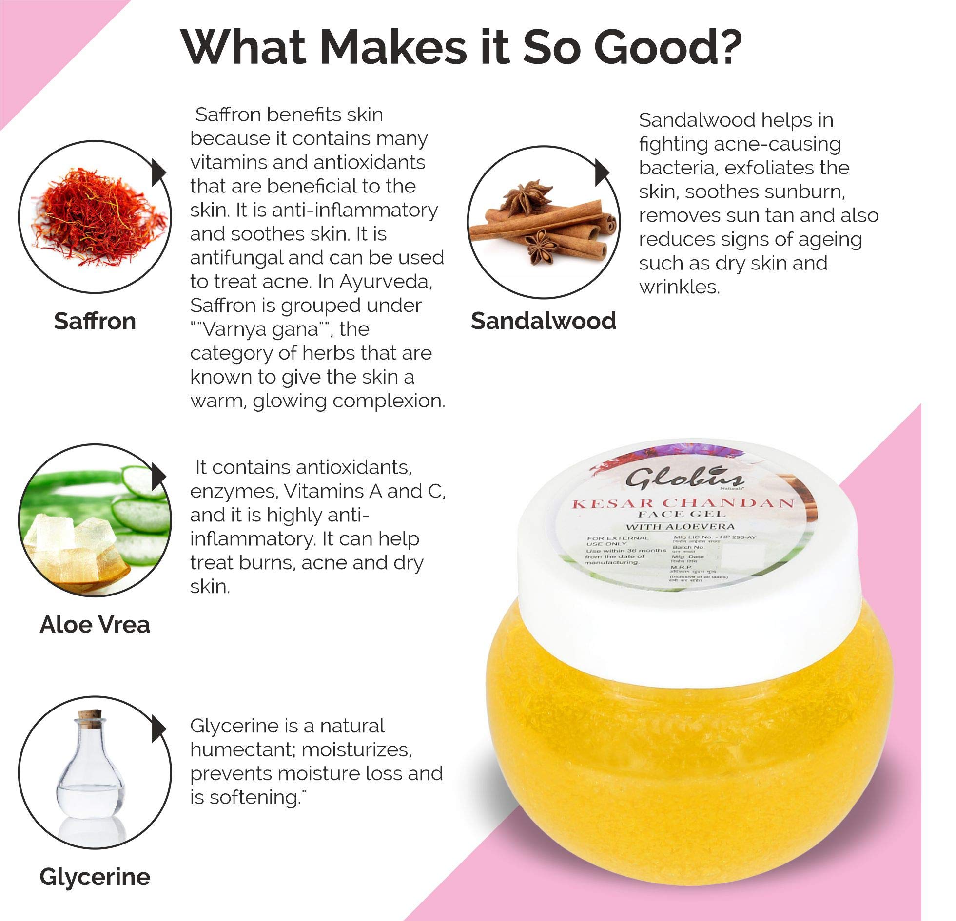 Globus Naturals Kesar Chandan Face Gel with Aloe Vera - 100g | Saffron & Sandalwood Hydrating Face Gel for Glowing Skin | Perfect for Daily Skincare & Nighttime Routine