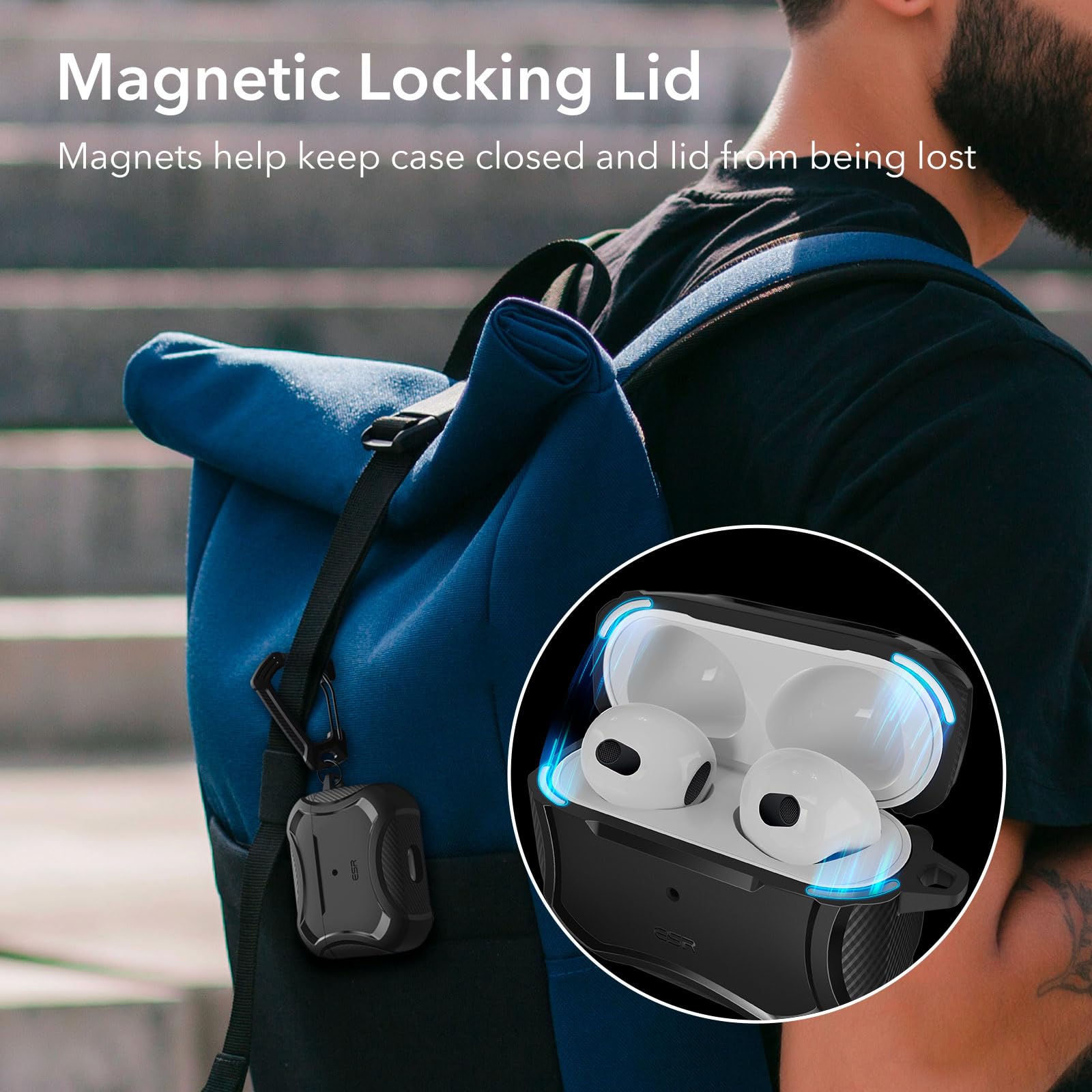 ESR Cyber Series AirPods 3 Case (2021) - MagSafe Compatible, Magnetic Lid & Shockproof Protection - Perfect for Gym, Travel & Everyday Use - Black