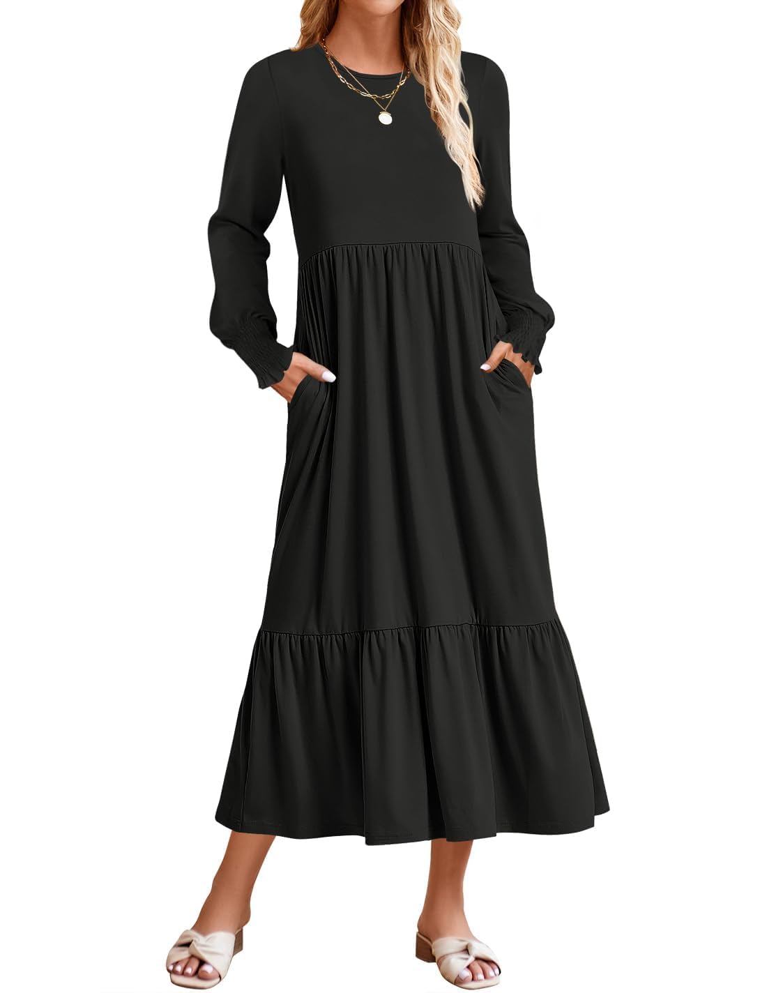 ZESICA Women's Spring Long Sleeve Dress 2025 - Crewneck Casual Loose Pleated Tiered Swing Midi Dress with Pockets | Perfect for Office, Brunch & Spring Outings