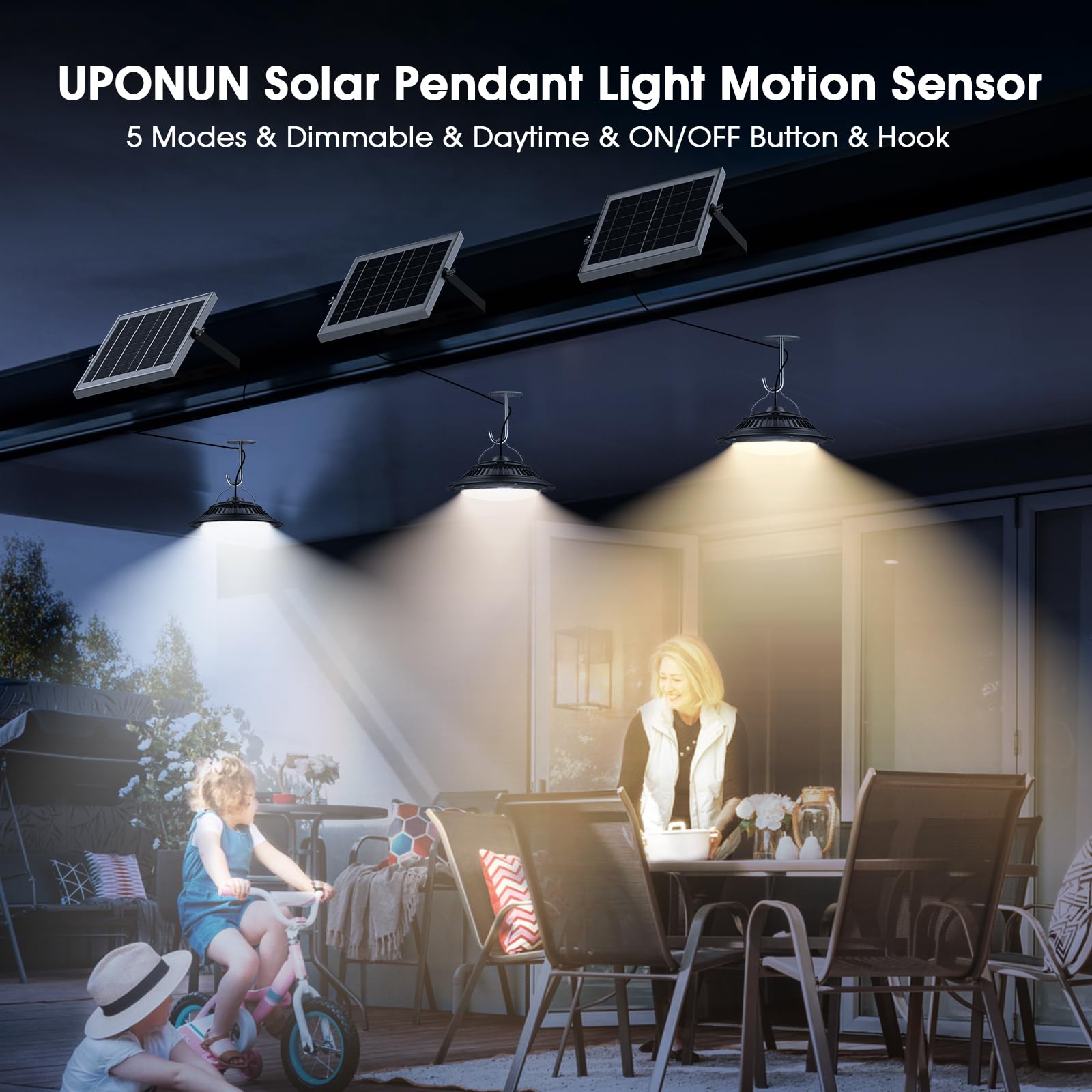 Solar Pendant Lights with Motion Sensor - 5 Modes Dimmable (6000K/4000K/3200K) - Waterproof Indoor/Outdoor Hanging Chandelier with Remote Control - Perfect for Barn, Chicken Coop, Patio, Garden & Backyard Lighting