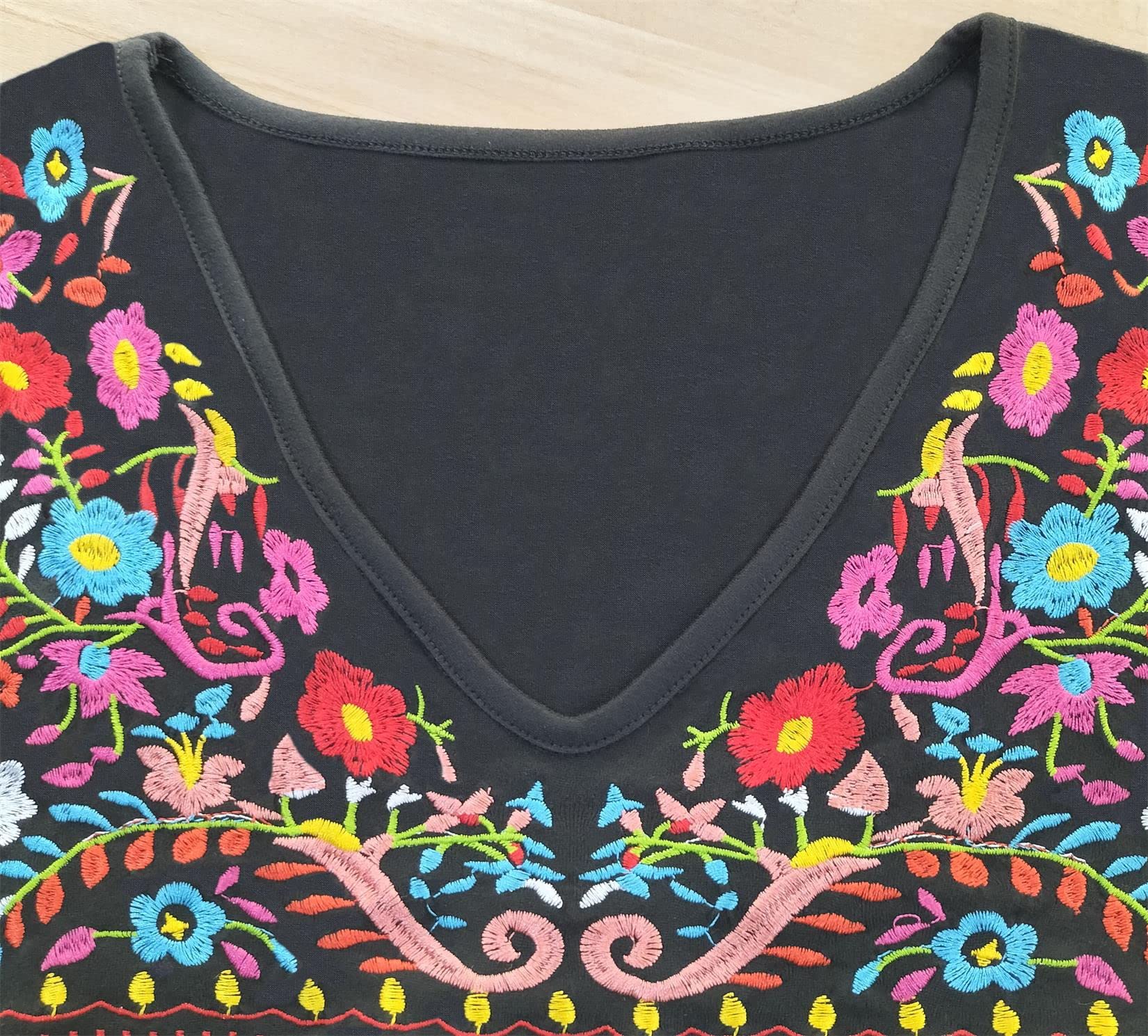 Women's Floral Embroidered Short Sleeve Boho T-Shirt - Mexican Ethnic Style Loose Blouse | Perfect for Summer Festivals, Beach Vacations & Casual Boho Chic Outfits