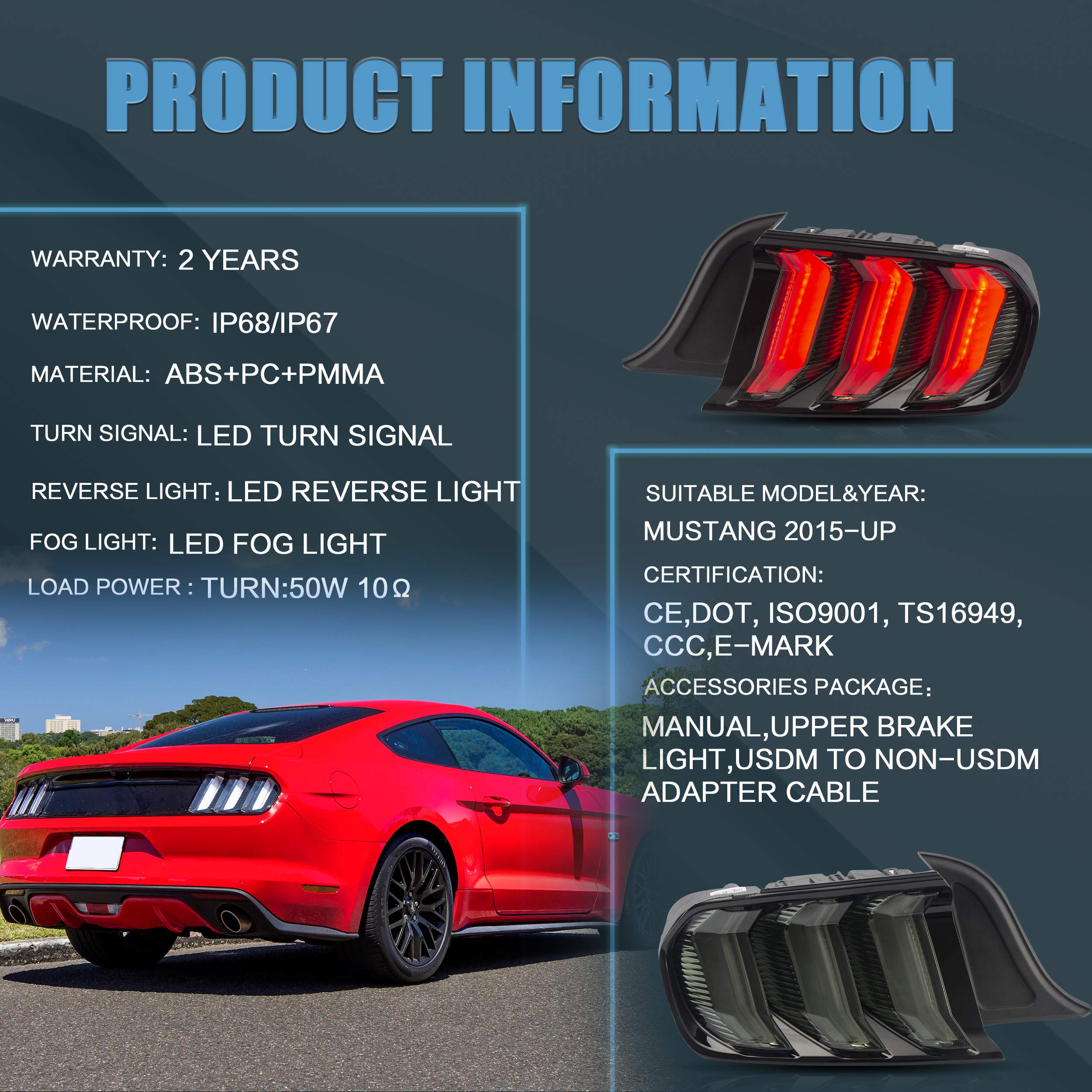 VLAND LED Tail Lights Assembly for 2015-2020 Ford Mustang - Smoked Lens, Plug & Play Installation - Upgrade Your Mustang's Style & Visibility for Night Driving & Car Shows
