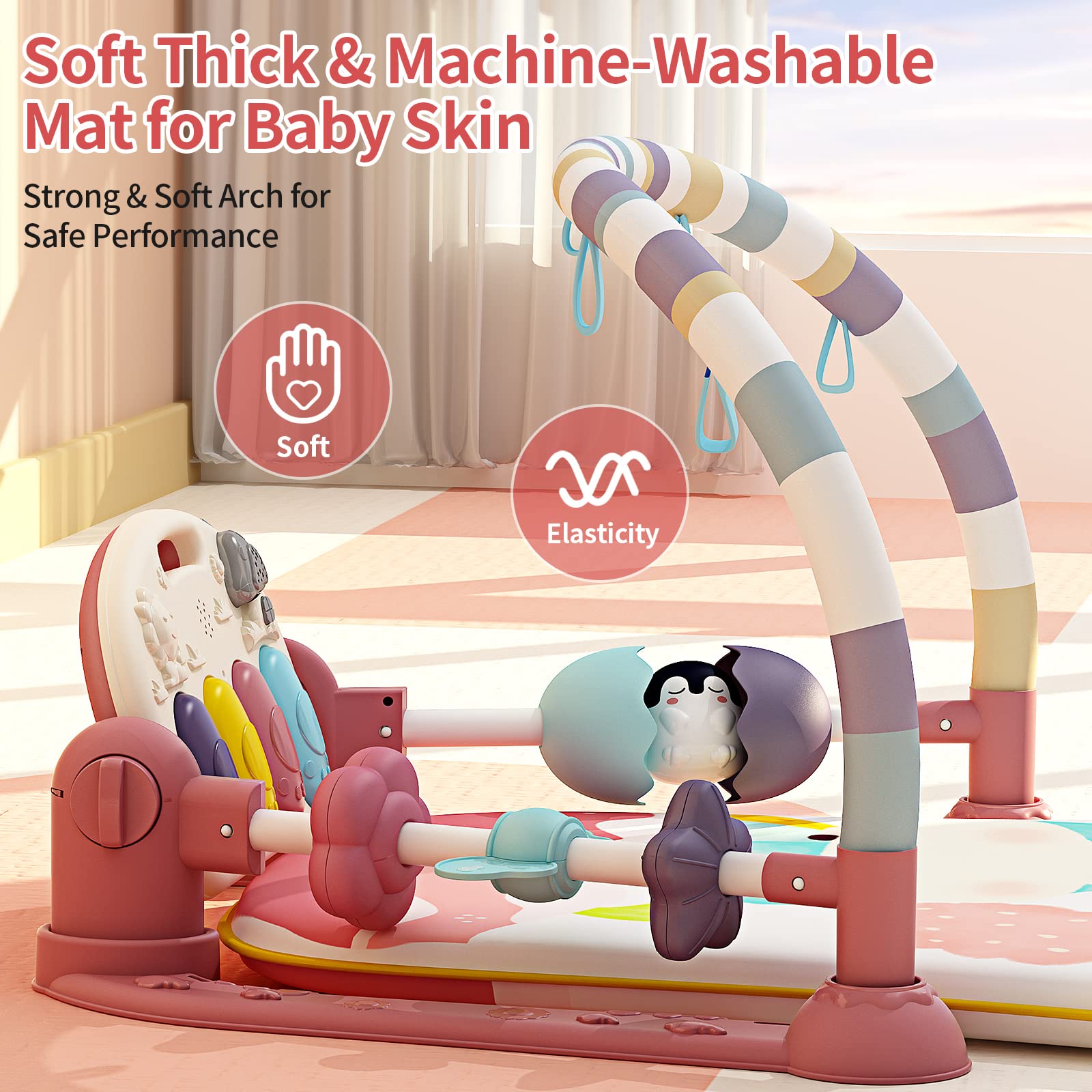 Baby Gym with Kick & Play Piano - Interactive Play Mat for Tummy Time & Sensory Development | 5 Learning Toys, Music & Lights for Newborns (Pink) - Perfect for Early Learning, Crawling & Playtime Activities