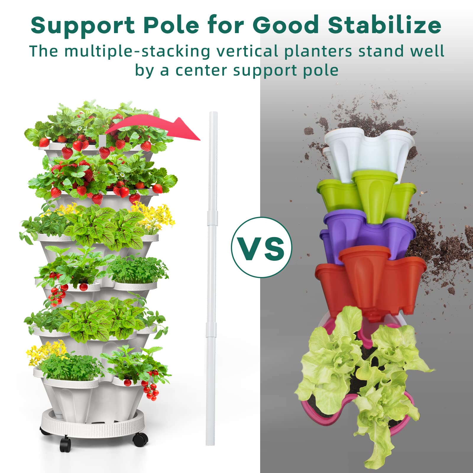 6 Tier Stackable Strawberry Planter with Support Pole - Vertical Garden Tower for Herbs, Vegetables, Fruits - Indoor & Outdoor Use (White) | Perfect for Small Spaces, Balconies, Patios & Urban Gardening