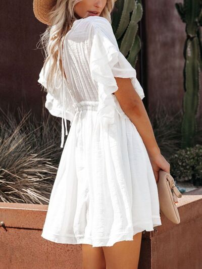Boho Mini Dress with Drawstring Waist & Ruffled Half Sleeves - Perfect for Summer Festivals, Beach Vacations & Casual Outings