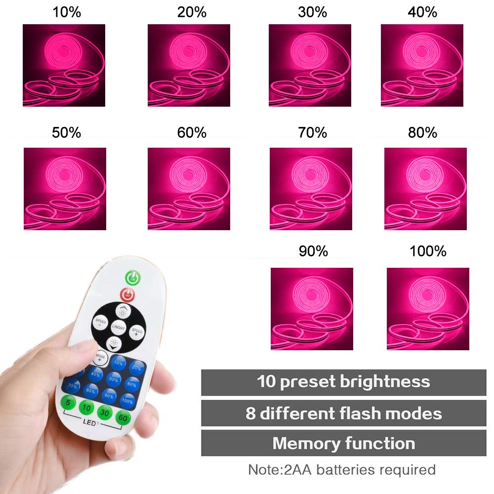 XUNATA 43ft Dimmable LED Neon Strip Lights, 120 LEDs/M, Waterproof 2835 SMD Flexible Rope Light with Remote Controller - AC 110-120V for Party, Wedding, Bar, Home & Outdoor Decoration (Pink)