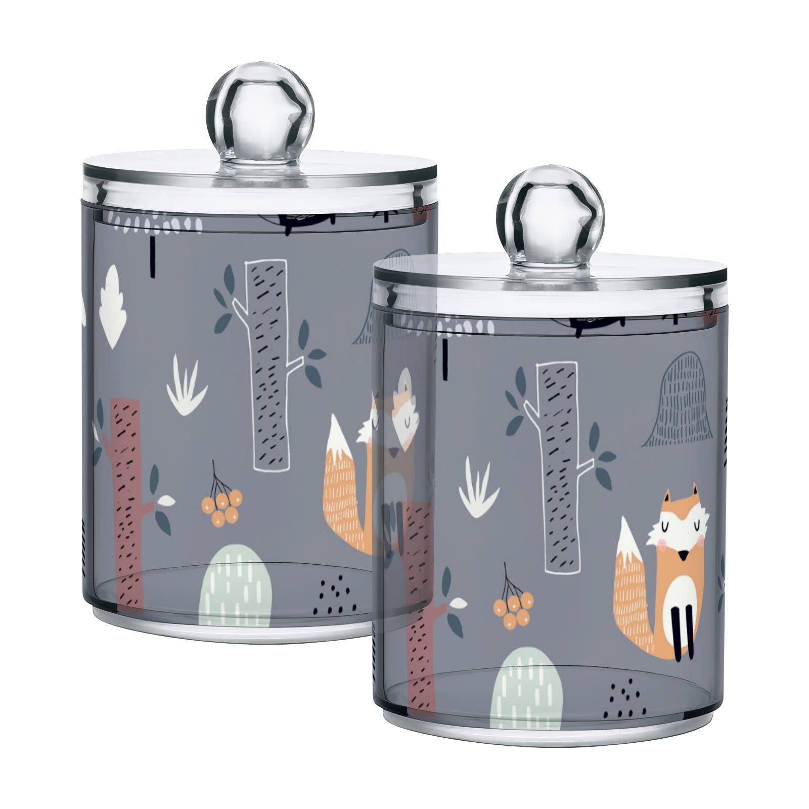 2-Pack Grey Forest Animal Plastic Storage Jars with Lids - 10oz Translucent Food Containers for Tea, Cookies, Cotton Swabs | Bear Fox Hedgehog Design | Perfect for Kitchen Pantry, Bathroom Organization & Craft Supplies
