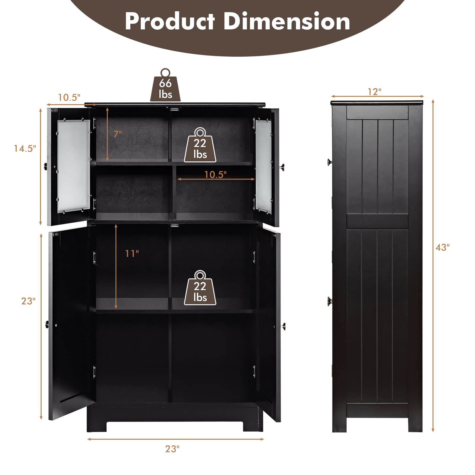 LOKO Wooden Floor Storage Cabinet with Glass Doors & Adjustable Shelf - Bathroom, Kitchen & Living Room Organizer - Perfect for Bath Essentials, Kitchen Supplies & Home Decor (Black)