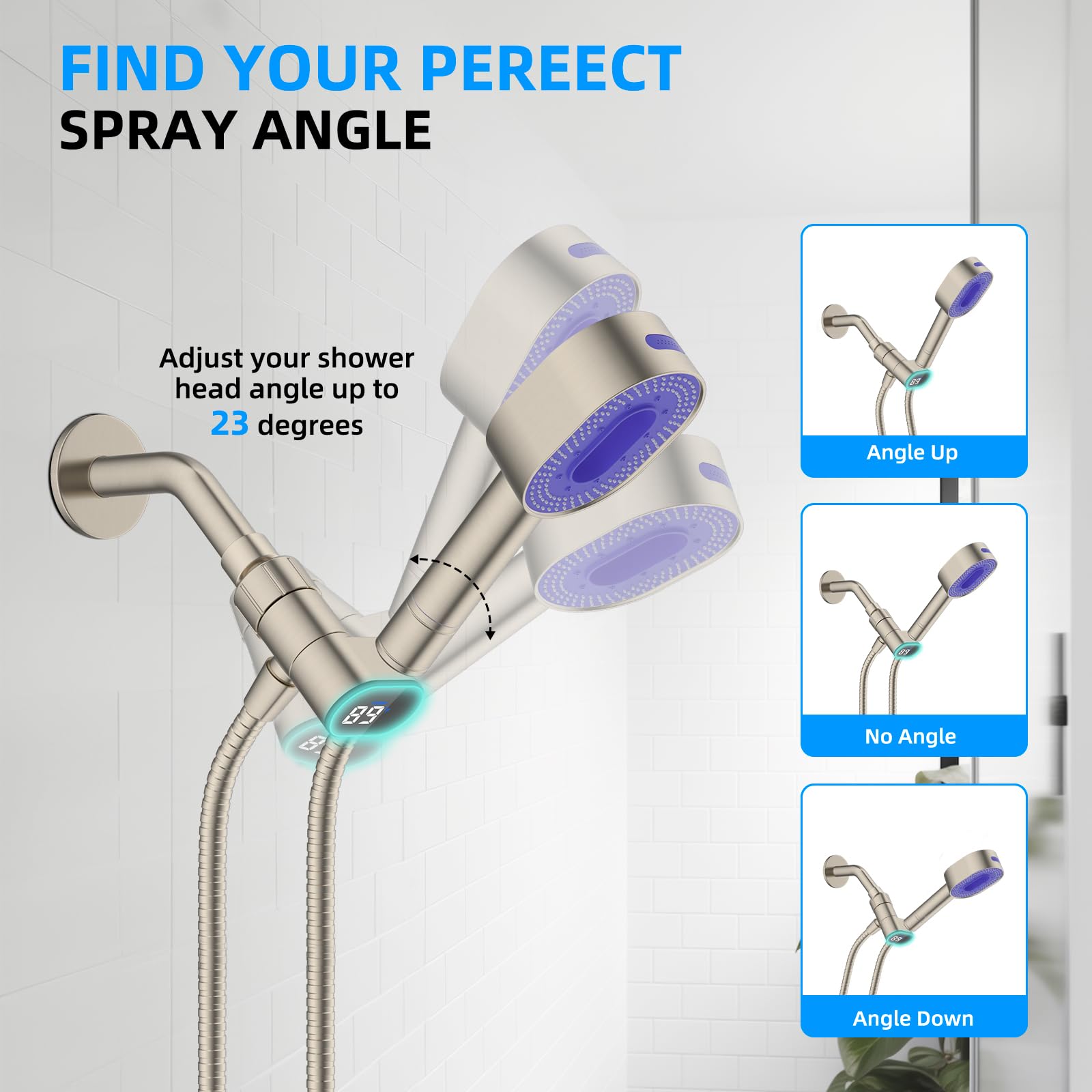Upgraded Metal Shower Head Holder with LED Temperature Display - Adjustable Shower Arm Mount for Handheld Shower Heads - Universal Shower Bracket with Solid Brass Ball in Brushed Nickel Finish - Perfect for Bathroom Renovation & Spa-Like Shower Experience
