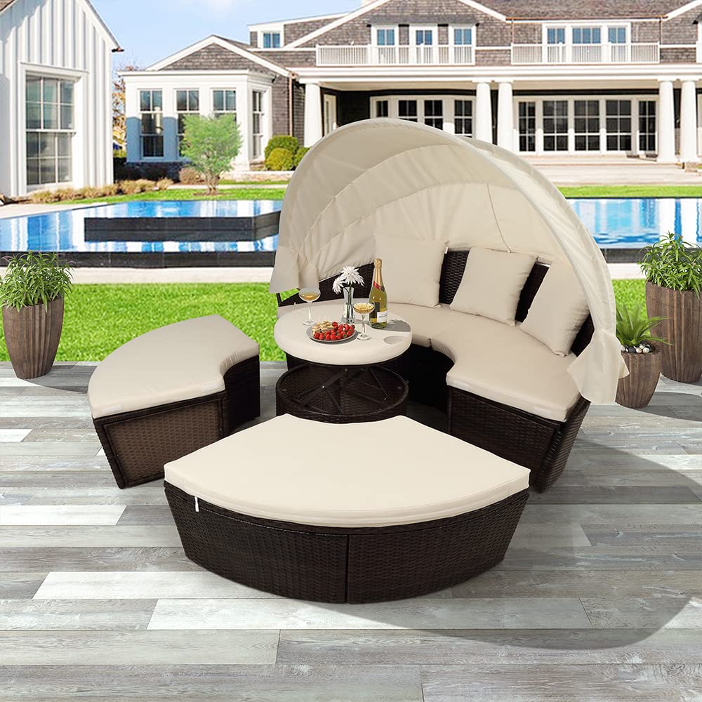 MNSSRN Round Patio Daybed with Retractable Canopy - Brown Wicker Clamshell Sectional Furniture with Washable Cushions for Backyard, Porch, Poolside & Outdoor Relaxation