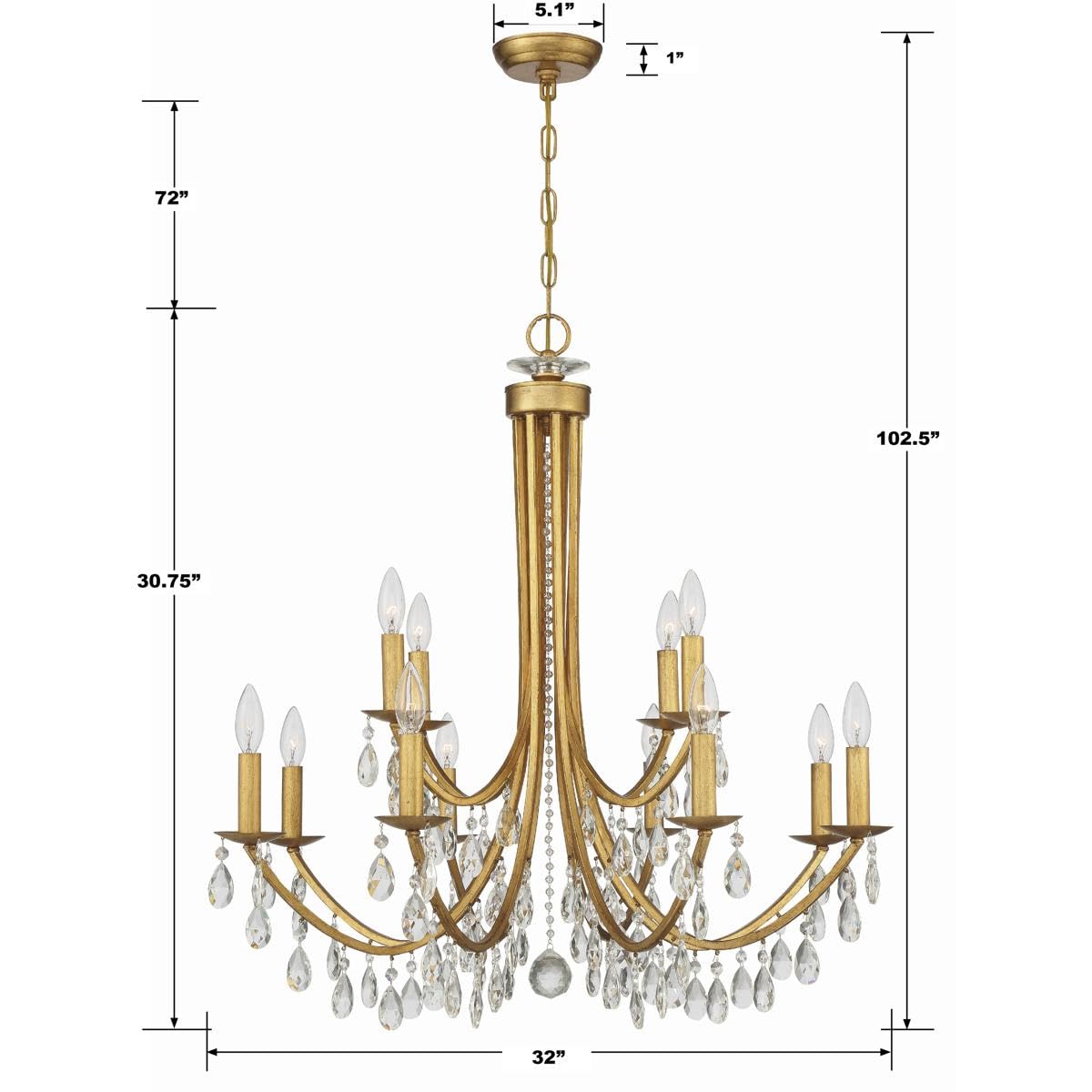 Bridgehampton 12-Light Hand-Cut Crystal Antique Gold Chandelier - Elegant Dining Room Lighting for Luxury Home Decor