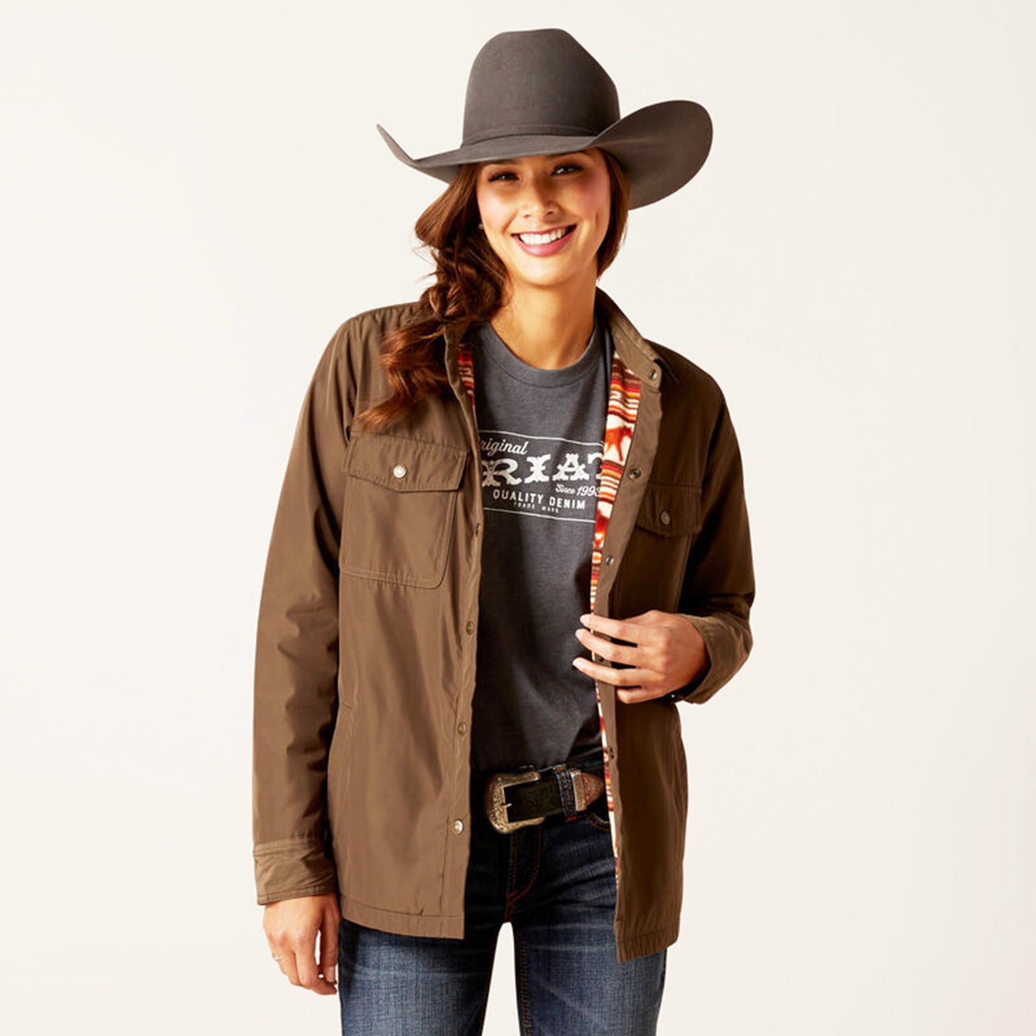 Ariat Women's Fleece Lined Shacket Jacket - Soft Brown Plaid Flannel Shirt Coat for Outdoor Work, Hiking & Casual Wear