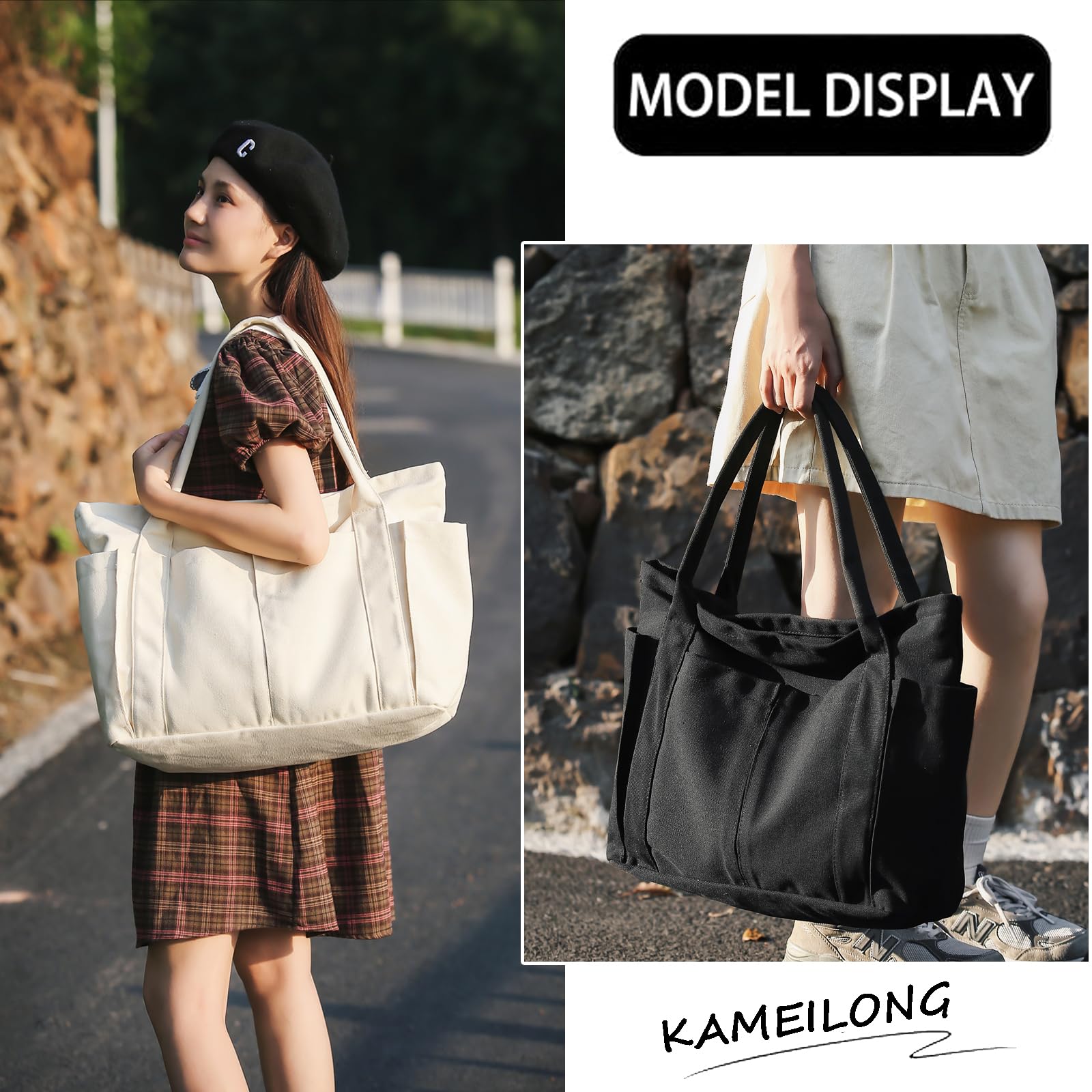 Large Canvas Tote Bag with 2 Front Pockets - Durable Carryall Laptop Bag for Women & Men - Heavy Duty Everyday Shopping, Work, Beach & Travel Tote