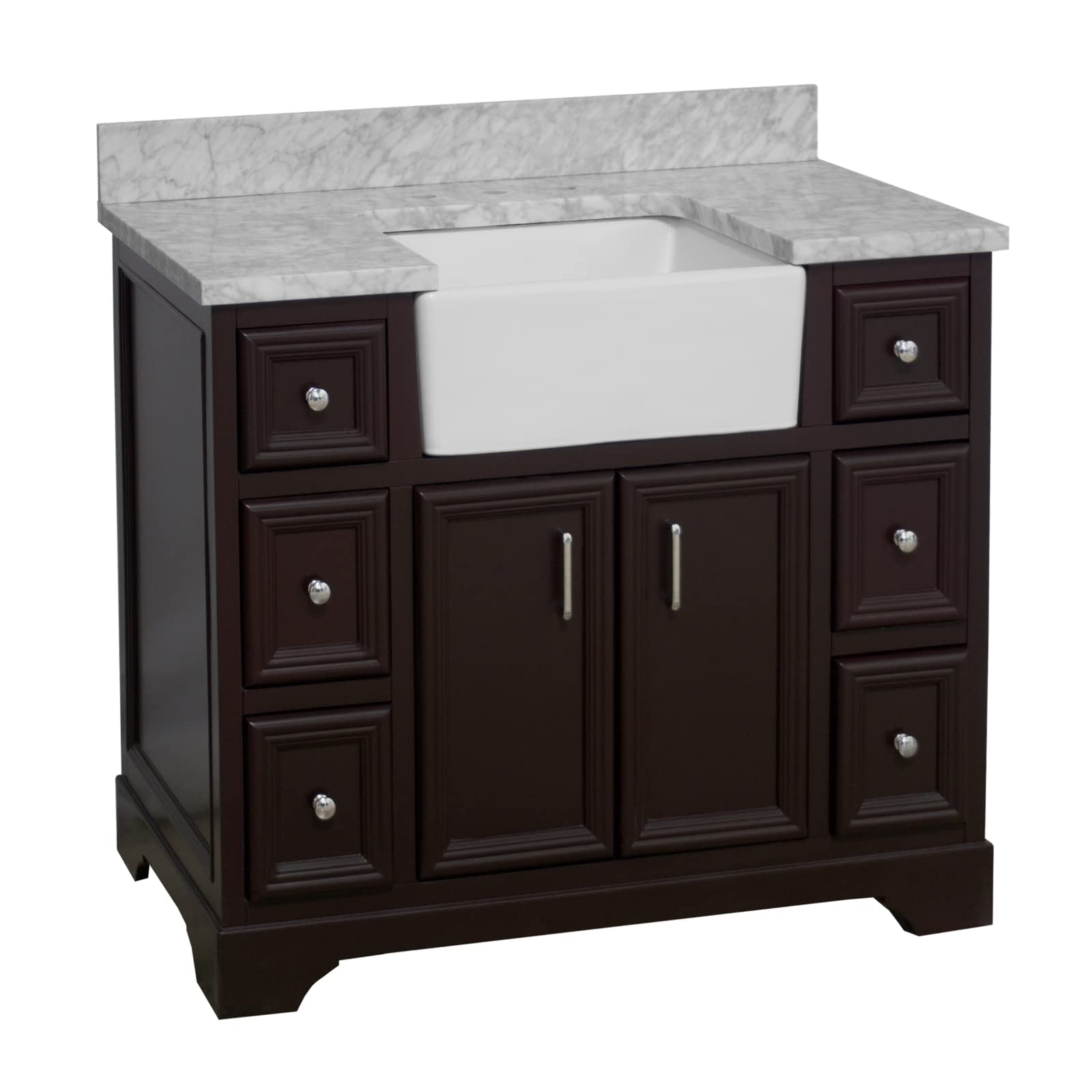 42-inch Farmhouse Vanity with Carrara Marble Top & Apron Sink - Rustic Bathroom Vanity Set with Chocolate Cabinet & White Ceramic Sink for Modern Farmhouse, Cottage, or Vintage Style Bathroom Decor