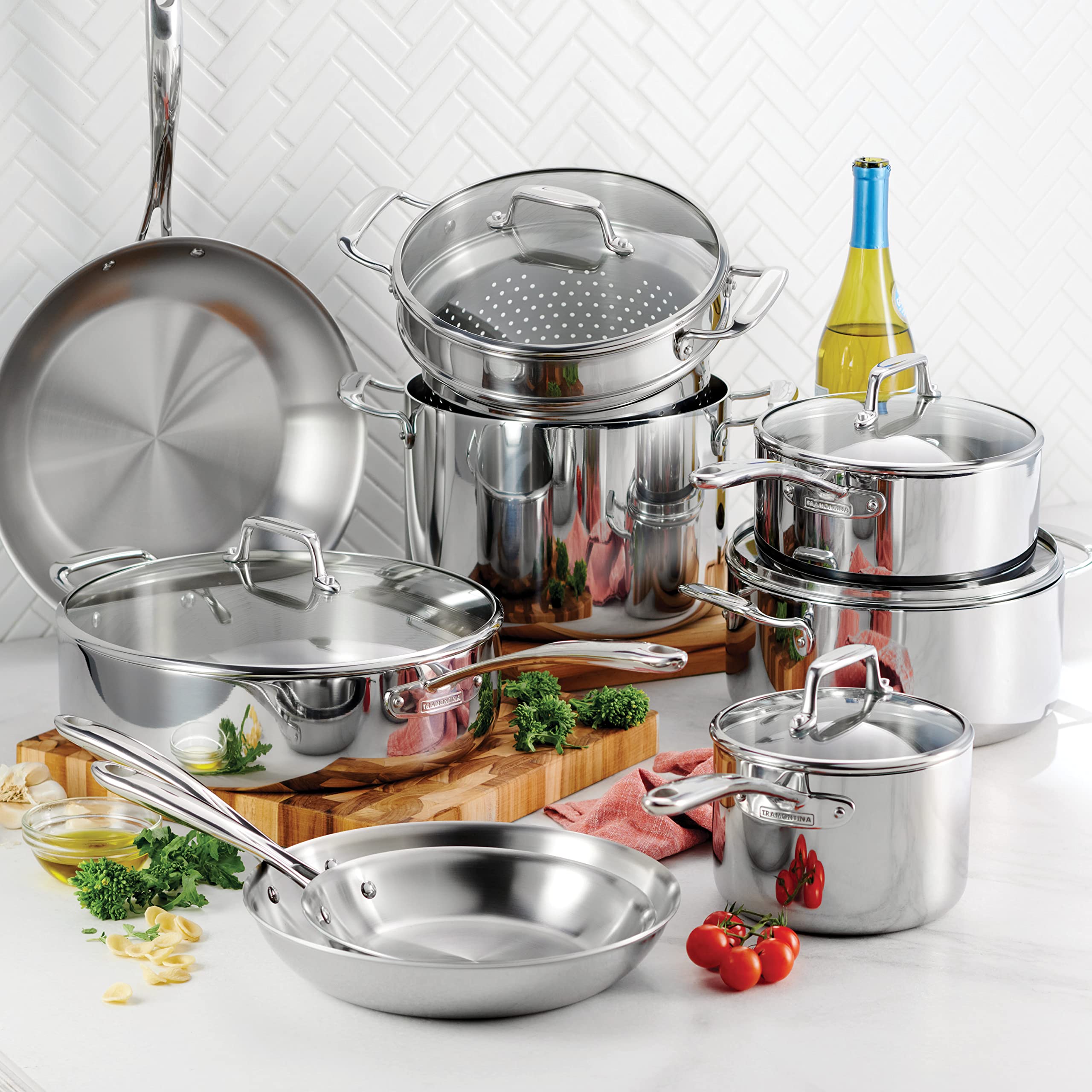 Tramontina 14-Piece Stainless Steel Tri-Ply Clad Cookware Set with Glass Lids (80116/1013DS) - Perfect for Home Cooking, Professional Kitchens & Gift Giving