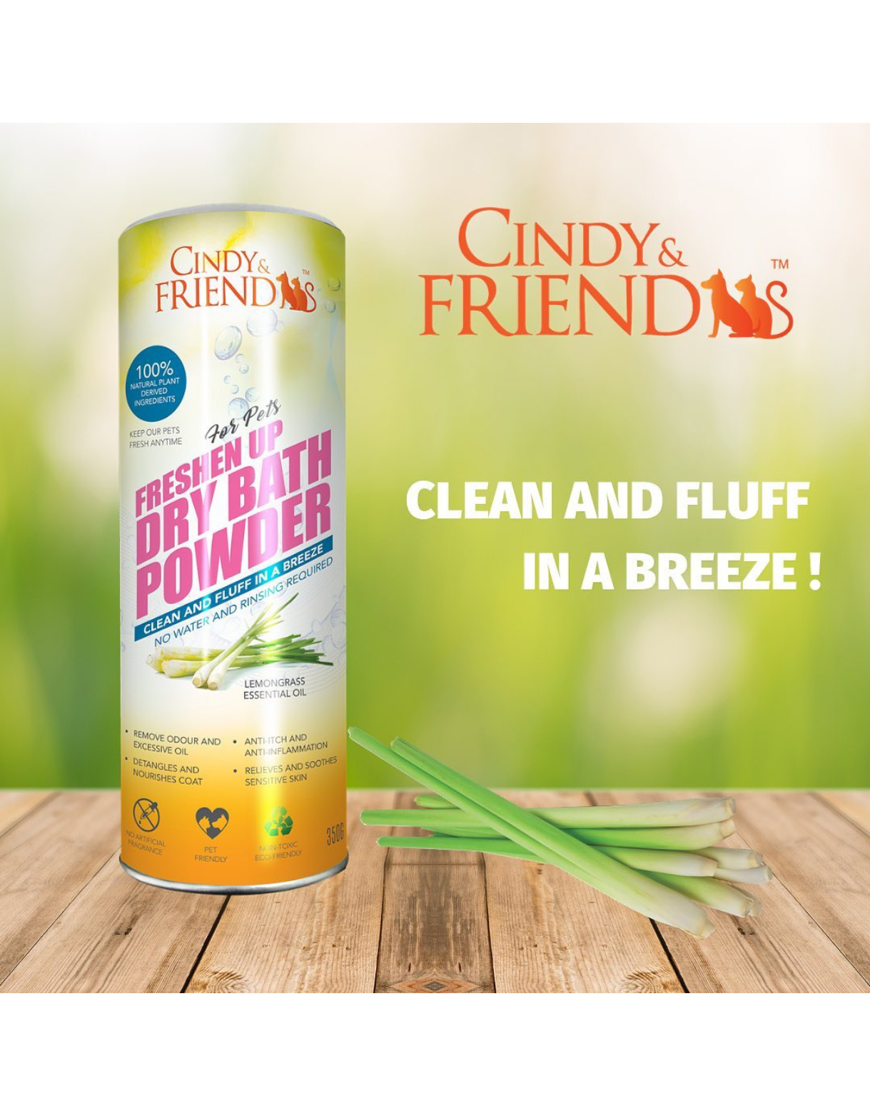 **Cindy & Friends Lemongrass Dry Bath Powder for Dogs & Cats - 350g | Waterless Pet Shampoo for Quick Cleaning, Odor Control & Fresh Scent | Perfect for Travel, Grooming & Sensitive Skin**