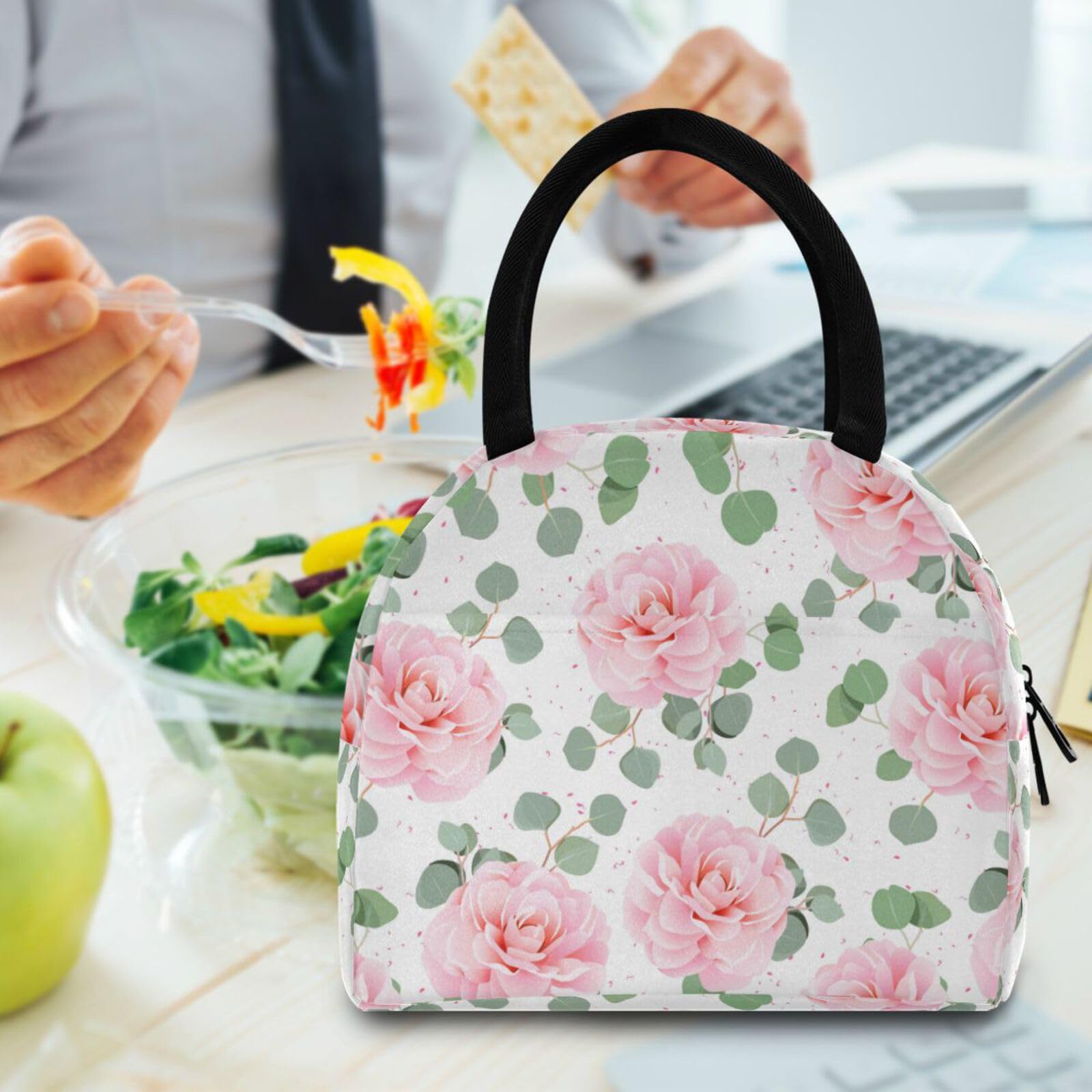 ZZKKO Insulated Lunch Bag - Pink Camellia Pattern, Reusable Meal Prep Cooler with Zipper for Women & Men - Perfect for School, Office, Picnics & Outdoor Activities