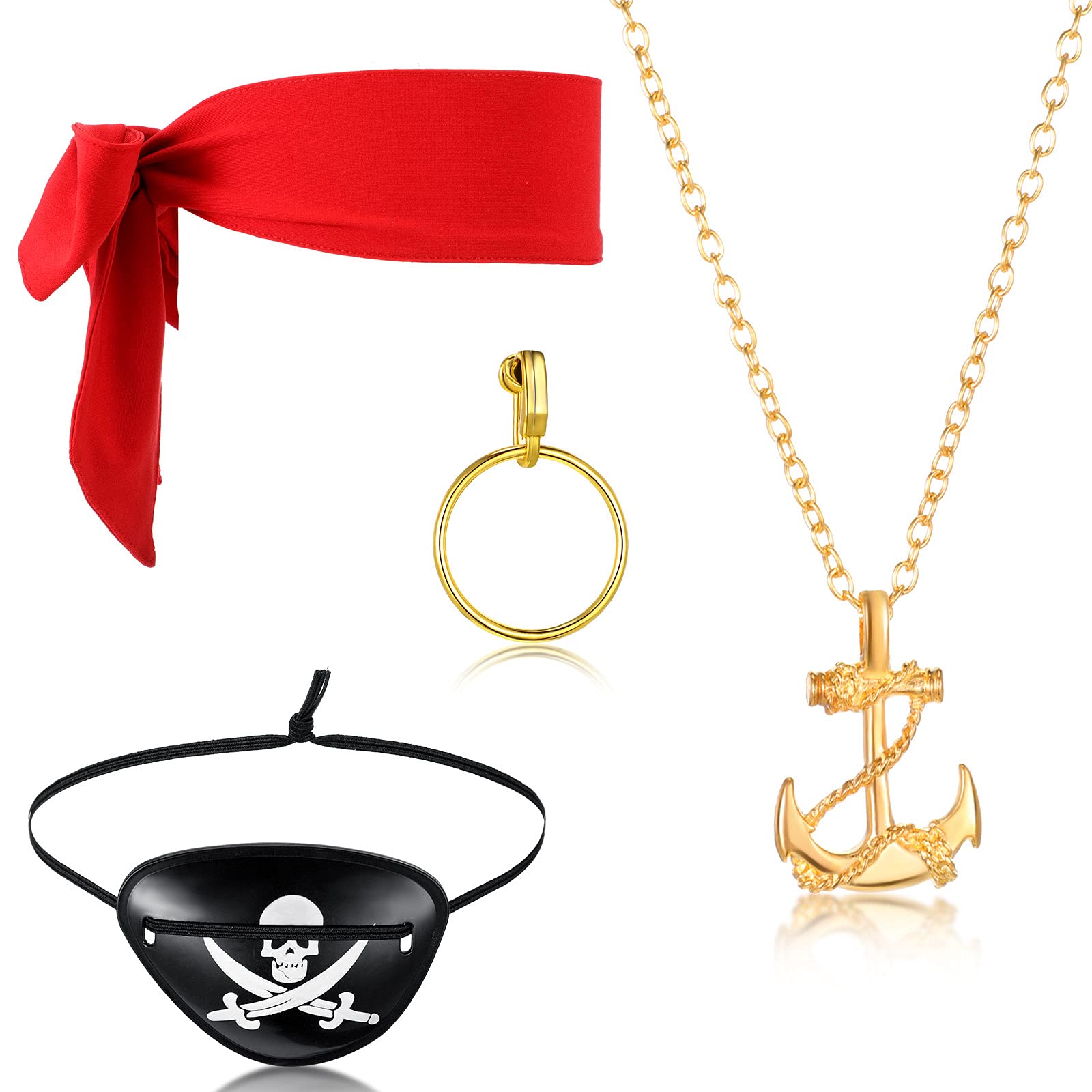 4 Piece Pirate Costume Accessories Set - Eye Patch, Pirate Bandana, Women's Earrings, Pirate Hat & Anchor Necklace (Red & Gold) - Perfect for Halloween, Cosplay, Pirate Themed Parties & Dress Up
