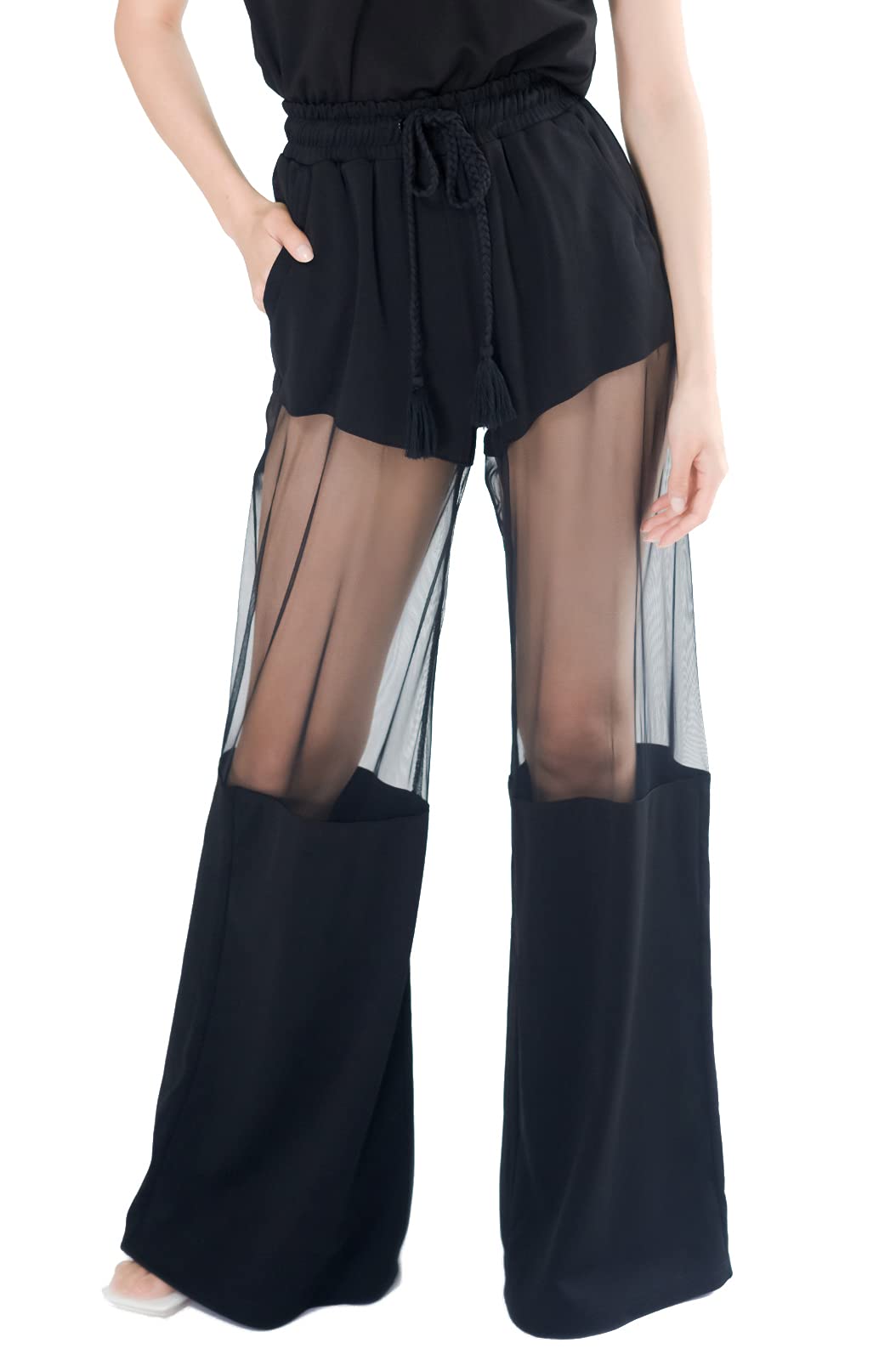 Pantora Women's Katrina Sheer Contrast Pants - Stylish High Waist Trousers for Office, Party & Casual Wear | Comfortable Stretch Fabric for Everyday Outfits