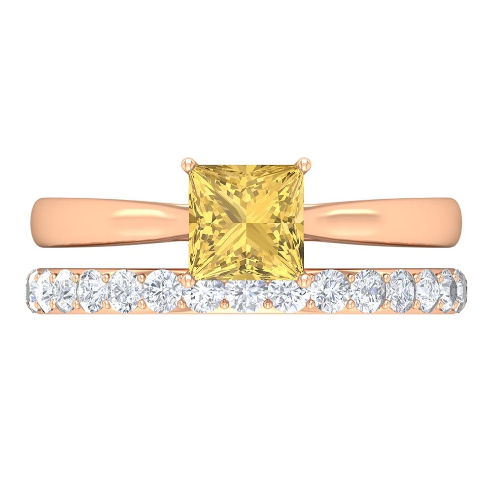 2 CT Citrine and Moissanite Ring - 14K Solid Gold Princess Cut Solitaire Engagement Ring Set for Women | Wedding, Anniversary, Gift Idea