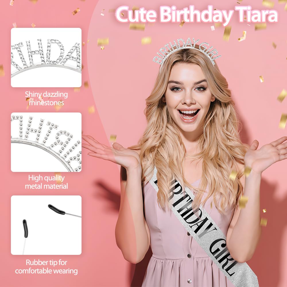Glitter Silver Birthday Sash & Crown Set for Women - Rhinestone Tiara Headband & Birthday Girl Sash Accessories | Perfect for Princess-Themed Parties, Bachelorette Celebrations & Special Occasions