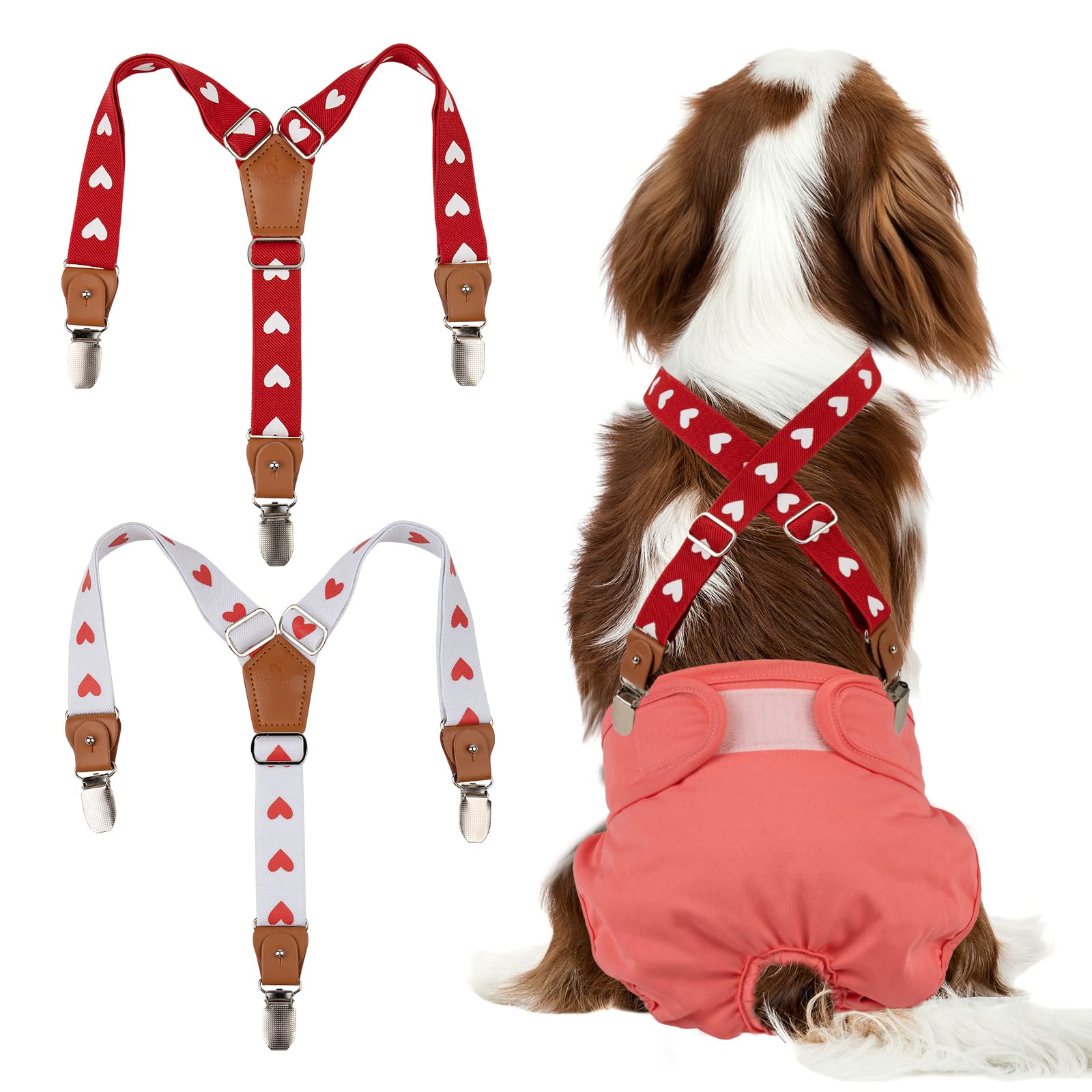 Pet Soft Dog Suspenders 2-Pack - Adjustable Diaper Suspenders for Female Dogs, Dog Dress & Skirt Accessories (Cute Hearts Design, Size S/M) - Perfect for Puppy Training, Fashion Outfits & Special Occasions