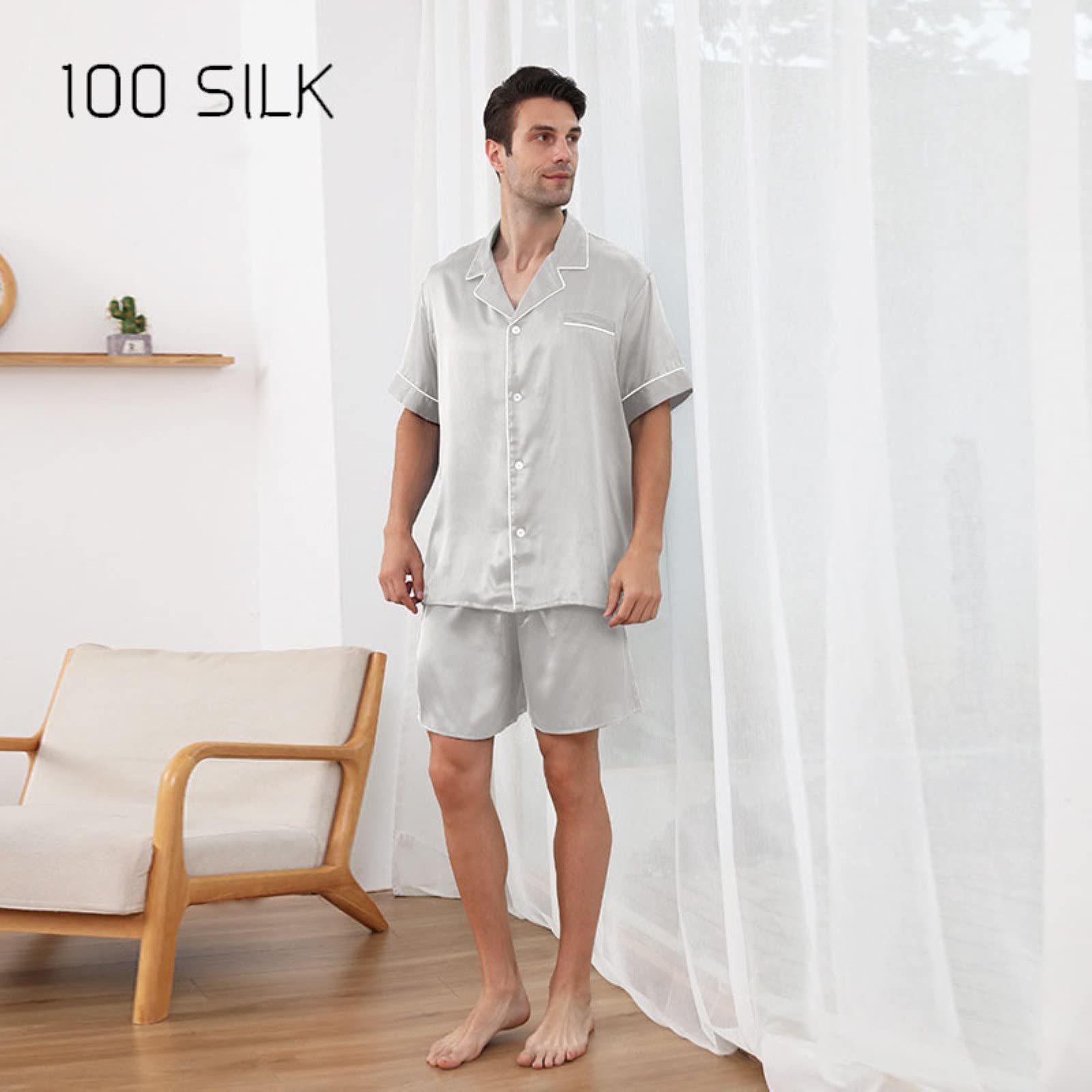 Premium Men's 100% Mulberry Silk Pajama Set - Short Sleeve & Shorts for Ultimate Comfort - Breathable Luxury Sleepwear for Home, Vacation & Relaxation