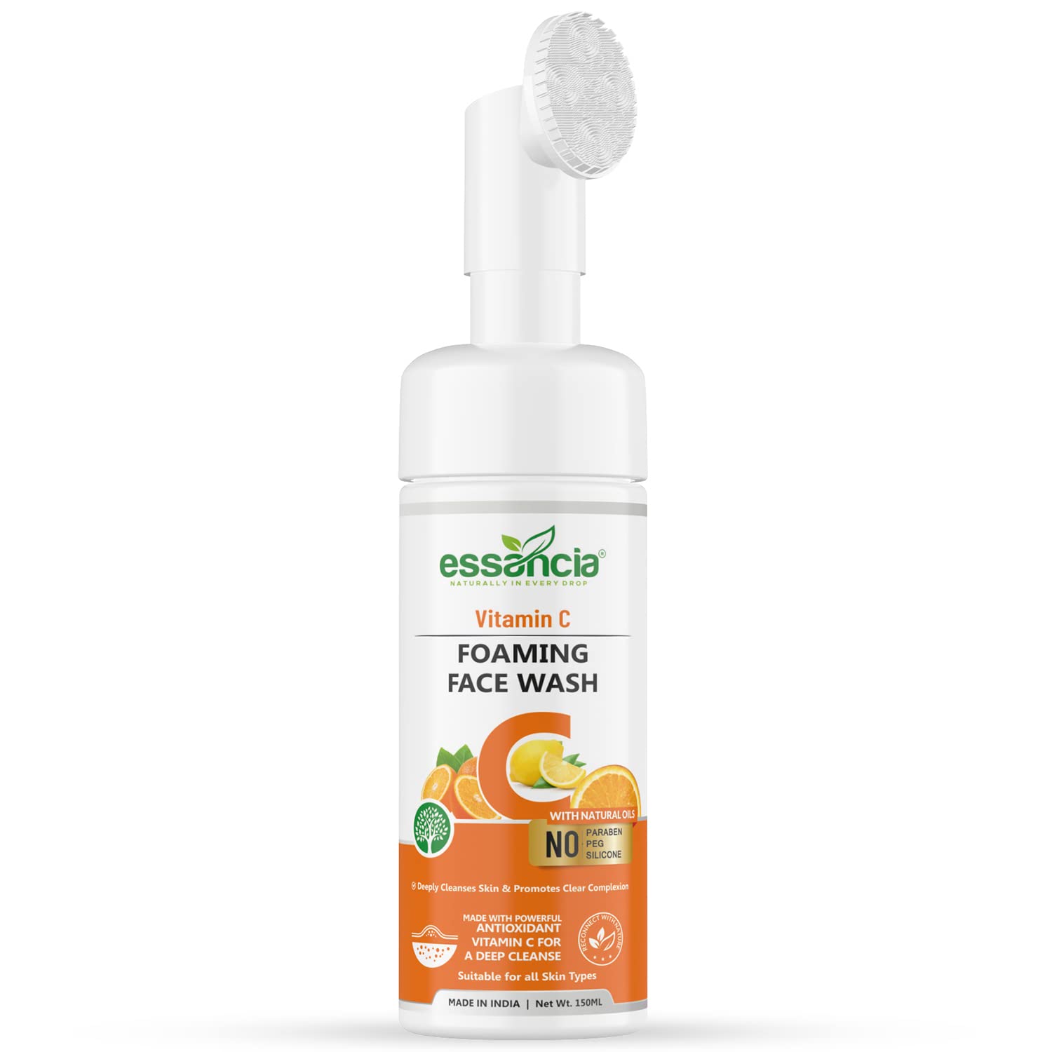 Essencia Vitamin C Foaming Face Wash with Silicone Brush - Deep Cleansing, Brightening & Rejuvenating Facial Cleanser for Men & Women | Paraben-Free, Silicone-Free | Perfect for Daily Skincare & Travel (150ml)