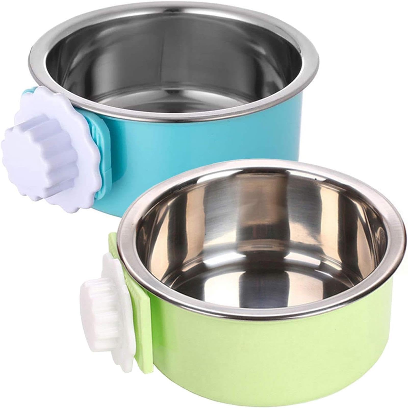 Kathson Removable Stainless Steel Hanging Pet Bowl - 2 Pack Dog Food & Water Feeder for Kennel, Cage, Coop - Perfect for Puppies, Cats, Rabbits & Guinea Pigs (Blue & Green) - Ideal for Travel, Camping & Outdoor Use