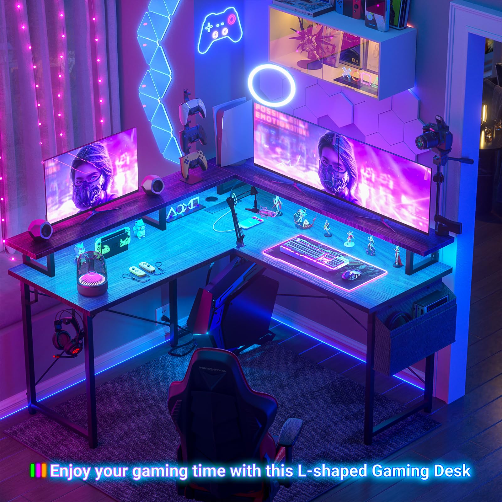 L Shaped Computer Desk with Power Outlets & LED Lights, 47