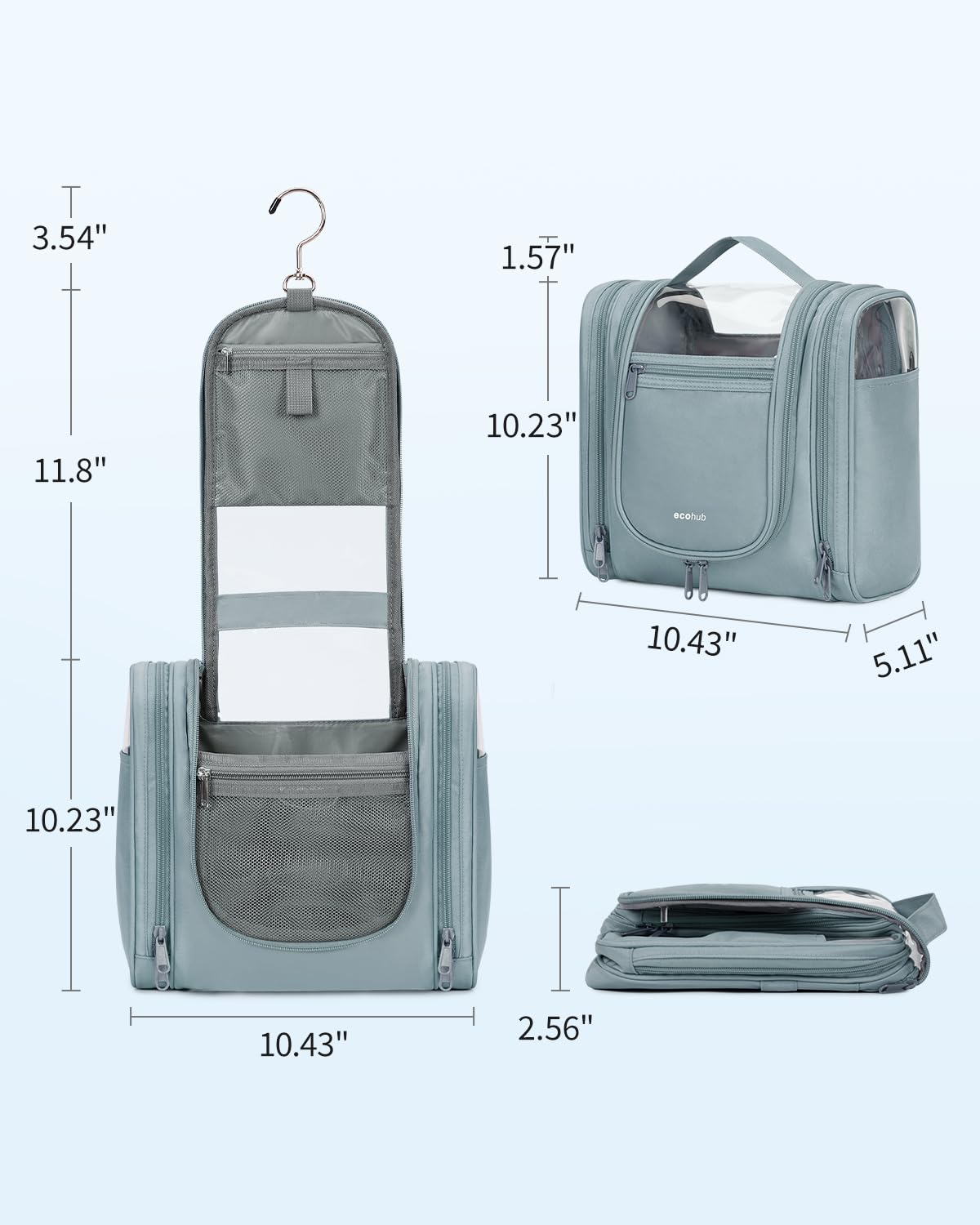 ECOHUB Hanging Travel Toiletry Bag for Women - Waterproof Makeup Organizer with Full-Size Containers, Grey Cosmetic Bag for Bathroom, Gym, Camping & Air Travel (Patent Pending)