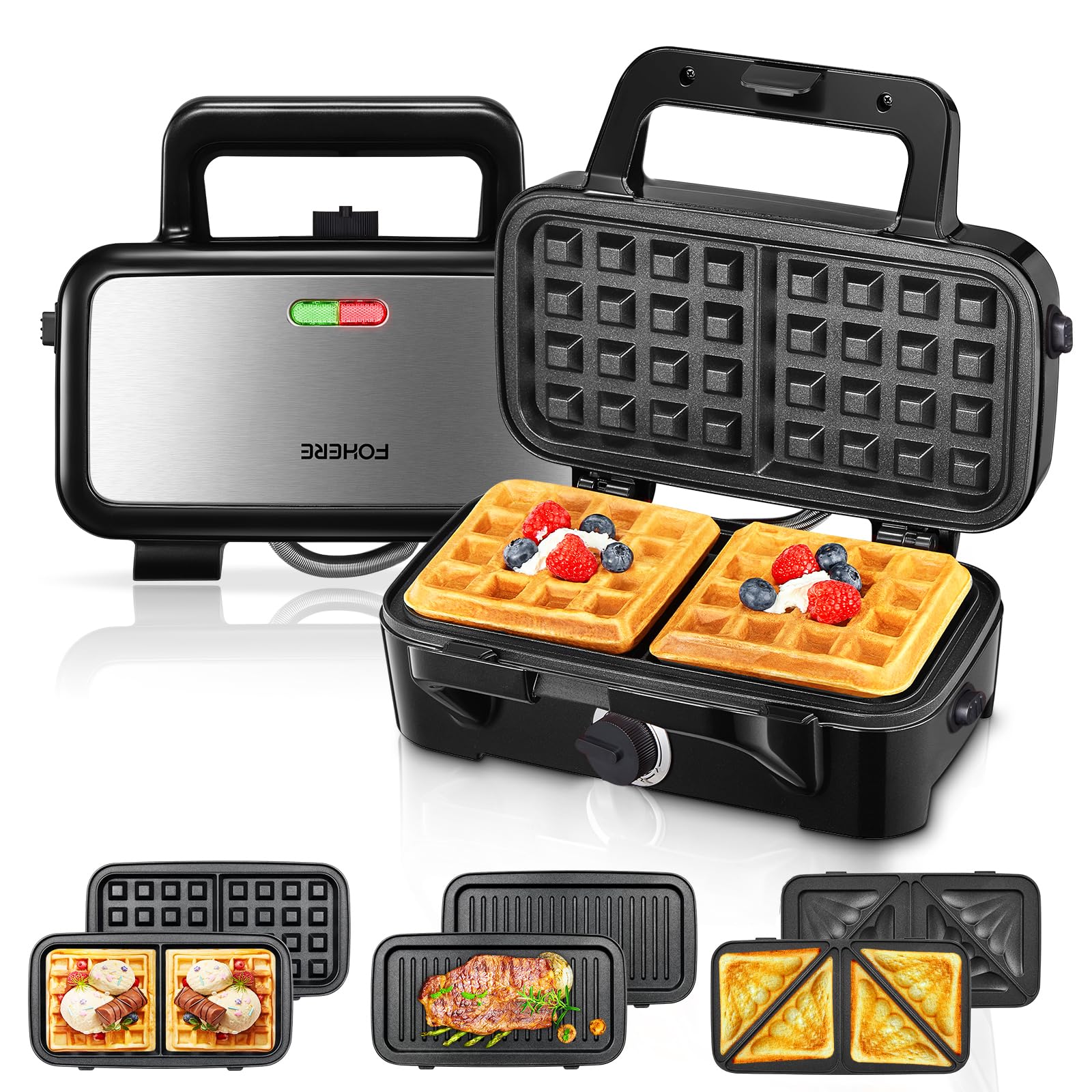 1200W 3-in-1 Sandwich Maker, Panini Press & Waffle Iron with 5 Temperature Settings, Non-Stick Coating & Cool-Touch Handle - Perfect for Breakfast, Snacks and Family Gatherings (Black)