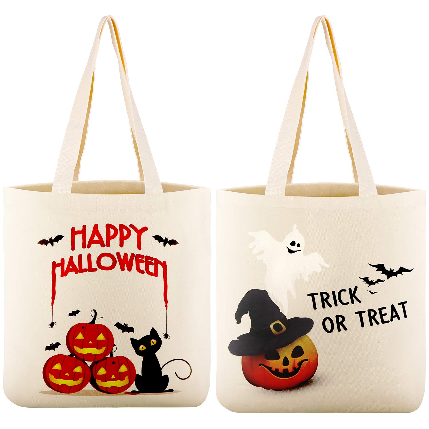 WeeWooday 2-Pack Halloween Tote Bags - Reusable Canvas Grocery Shopping Bags with Pumpkin Print for Trick or Treat, Halloween Parties, Fall Decor & Everyday Use