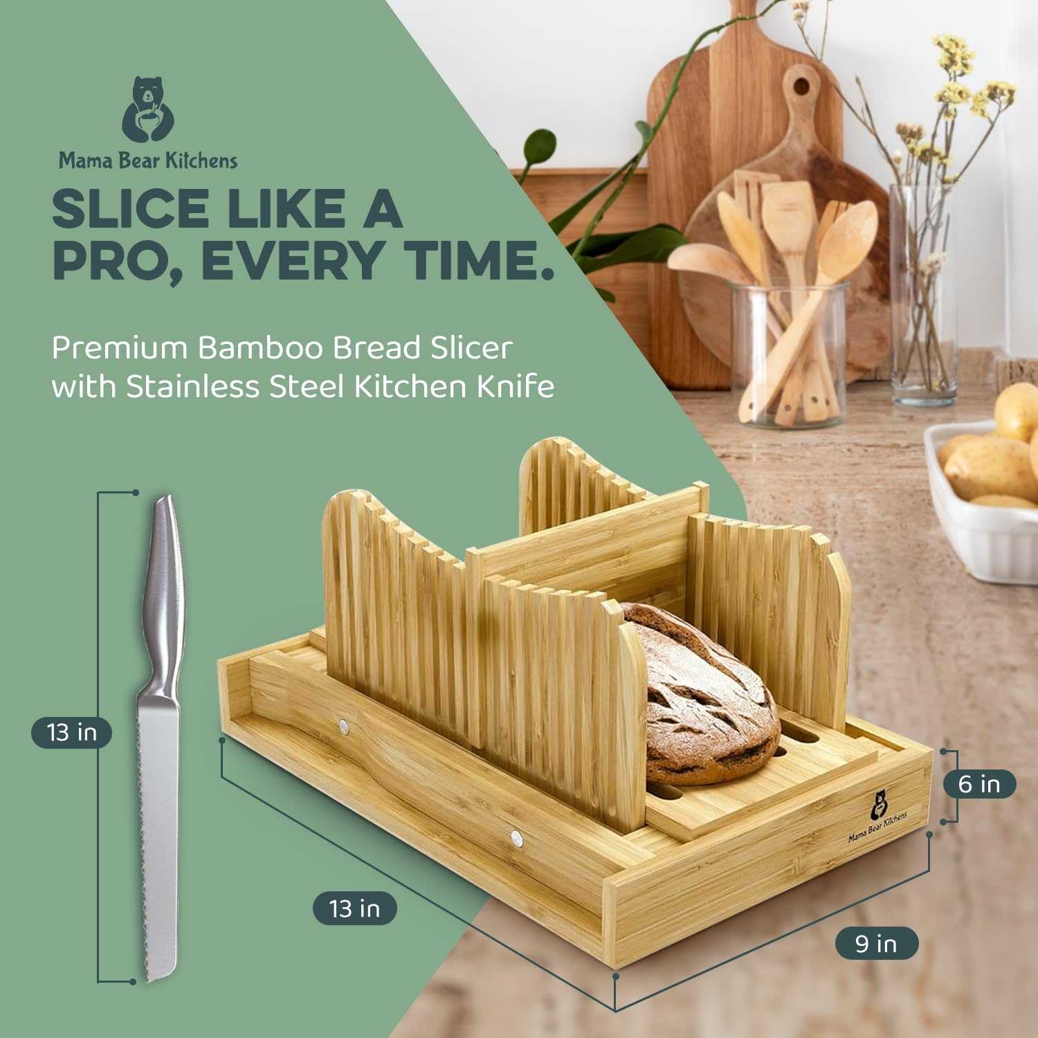 Premium Bamboo Bread Slicer with Stainless Steel Knife - Adjustable Durable Loaf Cutter Guide with Crumb Tray - Foldable, Easy to Clean & Store - Perfect for Homemade Bread, Sandwiches & Toast Preparation