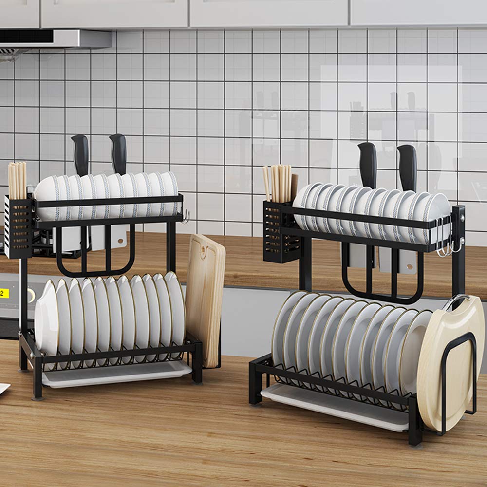 Stainless Steel Kitchen Rack - Dish Drainer, Cutting Board & Knife Holder with Chopsticks Storage - Space Saving Organizer for Countertop, Sink & Small Kitchen - Black Finish