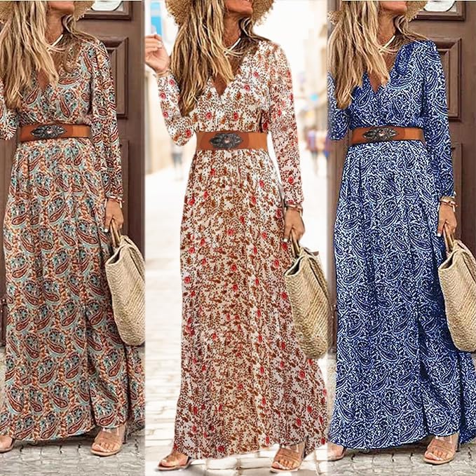 MessBebe Women's Maxi Dress - Short Sleeve V-Neck High Waist Flowy Wrap Dress for Summer, Beach, Wedding Guest & Special Occasions