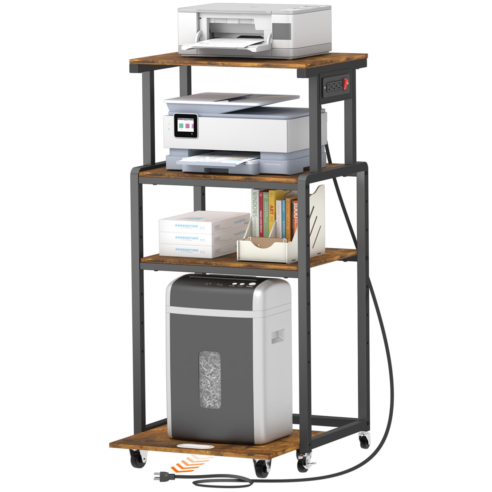 Lifewit 4-Tier Rolling Printer Stand with 3 Power Outlets, Adjustable Storage Shelf & Wheels - Mobile Office Organizer for Printer, Scanner, Fax Machine, Shredder - Rustic Brown Home Office Furniture for Small Spaces & Workspaces