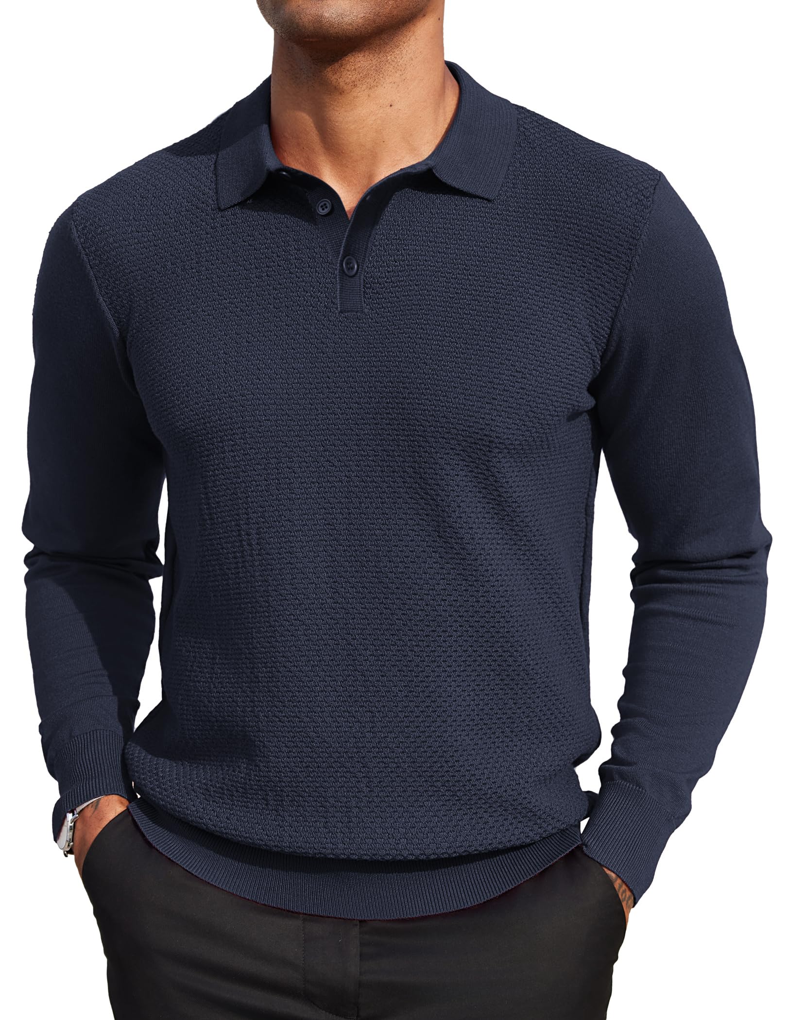 COOFANDY Men's Long Sleeve Knit Polo Sweater - Casual Quarter Button Collared Golf Pullover with Waffle Texture | Perfect for Office, Golf & Fall Layering