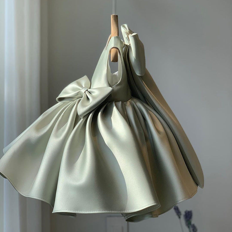 Princess Satin Flower Girl Dress with Bow - Tea Length Sleeveless Flower Girl Outfit for Weddings, Parties & Special Occasions