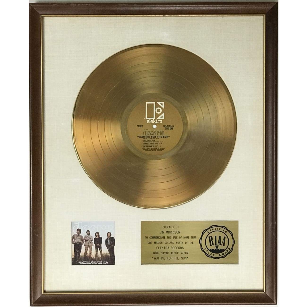 The Doors - Waiting For The Sun RIAA Certified Gold LP Record Award (Rare Collector's Edition) - Perfect for Music Memorabilia Displays & Classic Rock Collections