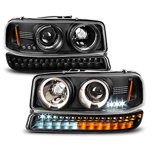 AKKON Black Halo Projector Headlights + LED Bumper Lights for 1999-2006 GMC Sierra & Yukon - High Performance Replacement Headlights for Night Driving & Off-Road Adventures