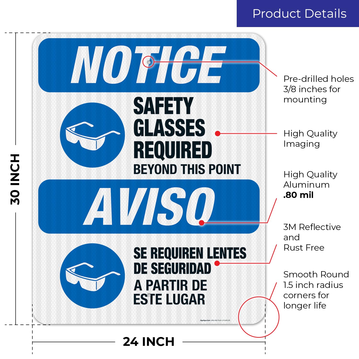 OSHA Approved Safety Glasses Required Beyond This Point Bilingual Sign - 24x30 Inches Reflective Aluminum Safety Sign for Construction Sites & Work Zones - Durable 3M EGP .080 Aluminum, Fade Resistant - Perfect for Factories, Warehouses & Hazardous Areas - Made in USA