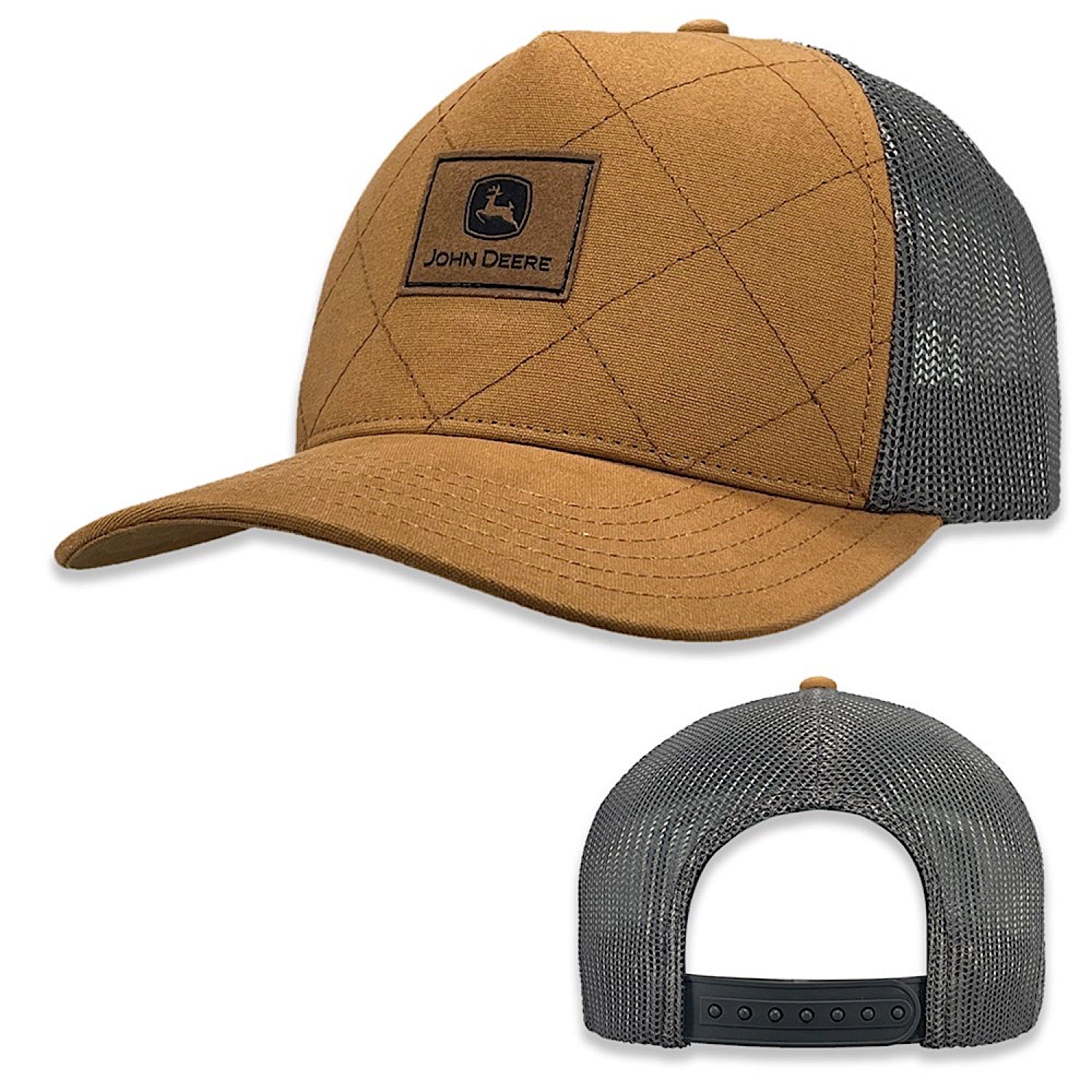 John Deere Quilted Canvas Cap with Leather Patch - Brown/Charcoal - Perfect for Farming, Outdoor Work & Casual Wear