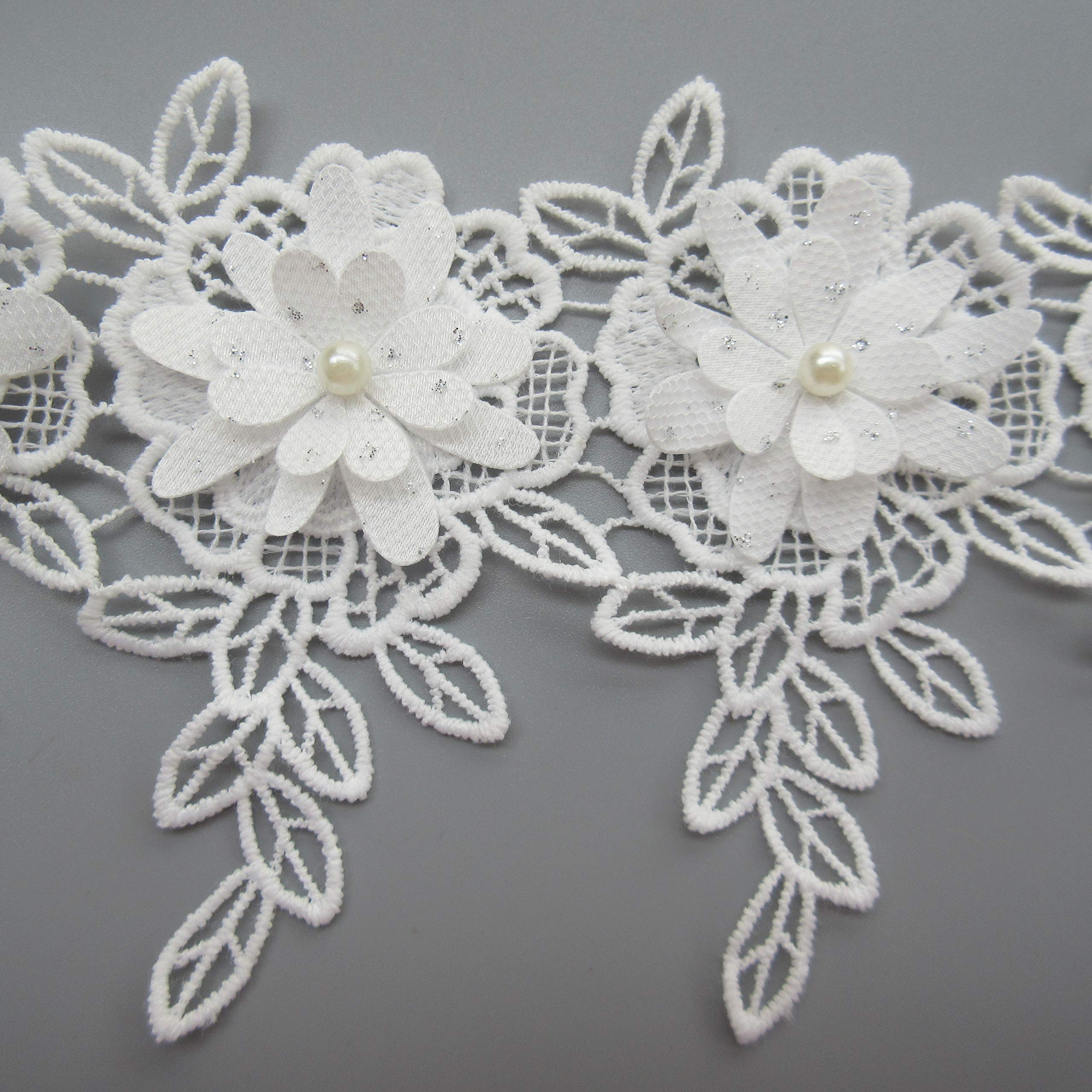 5pcs Vintage White Floral Lace Ribbon with Pearl Beads - 3-Layer Embroidered Guipure Fabric Trim - 4 Inches Wide Tassel Edge for Sewing, Crafts, Dresses & Applique - Perfect for Wedding Decor, DIY Costumes & Home Decor (White)