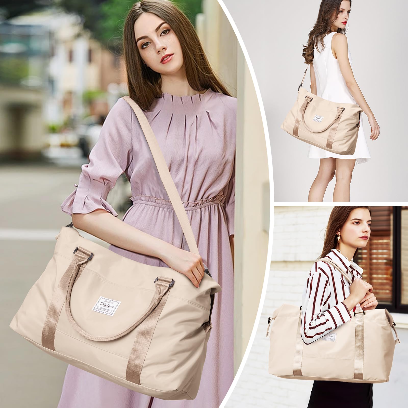Women's Extra Large Travel Duffel Bag with Toiletry & Wet Pocket - Waterproof Weekender Overnight Gym Bag for Carry-On, Beige | Perfect for Business Trips, Gym Workouts & Weekend Getaways