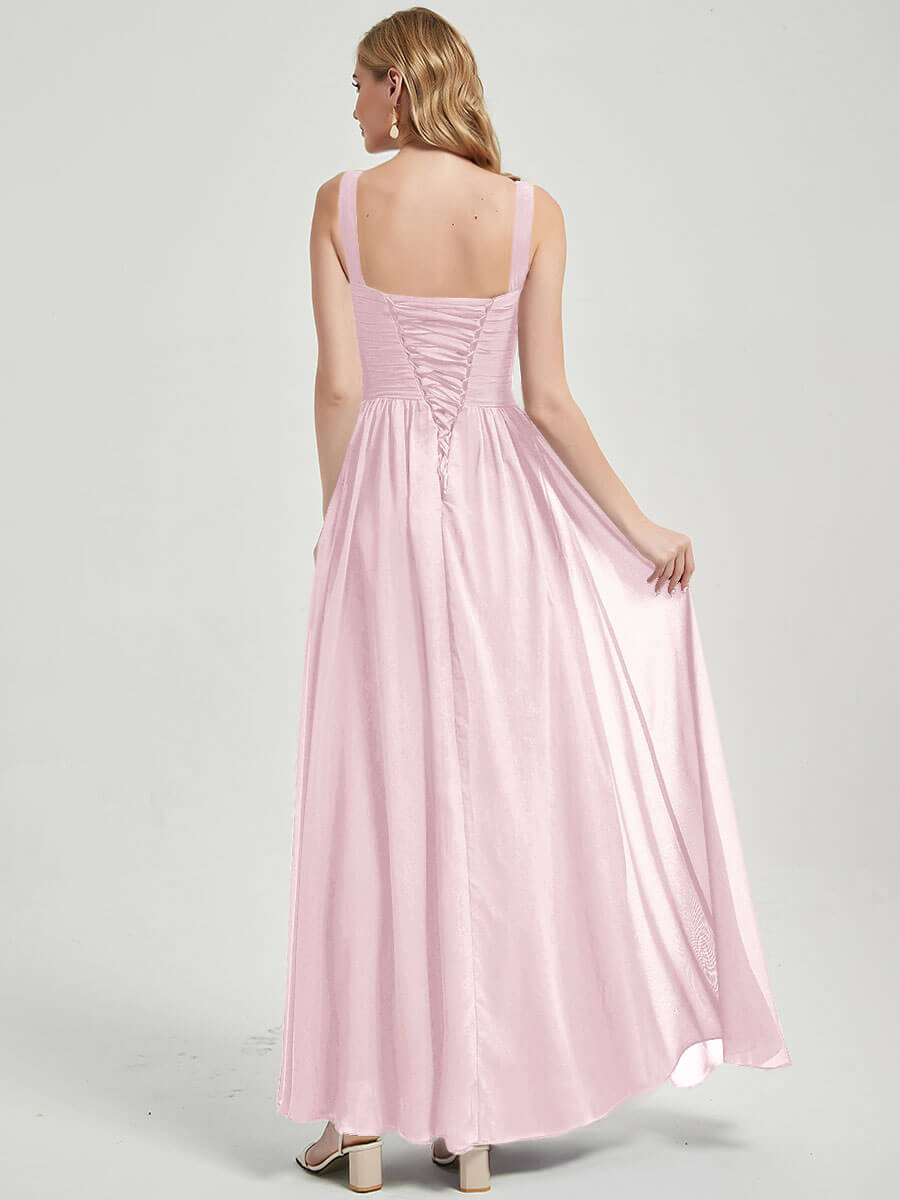 Elegant Blush Wide Straps Sleeveless V-Neck Pleated Flowy Bridesmaid Dress for Weddings, Parties & Special Occasions